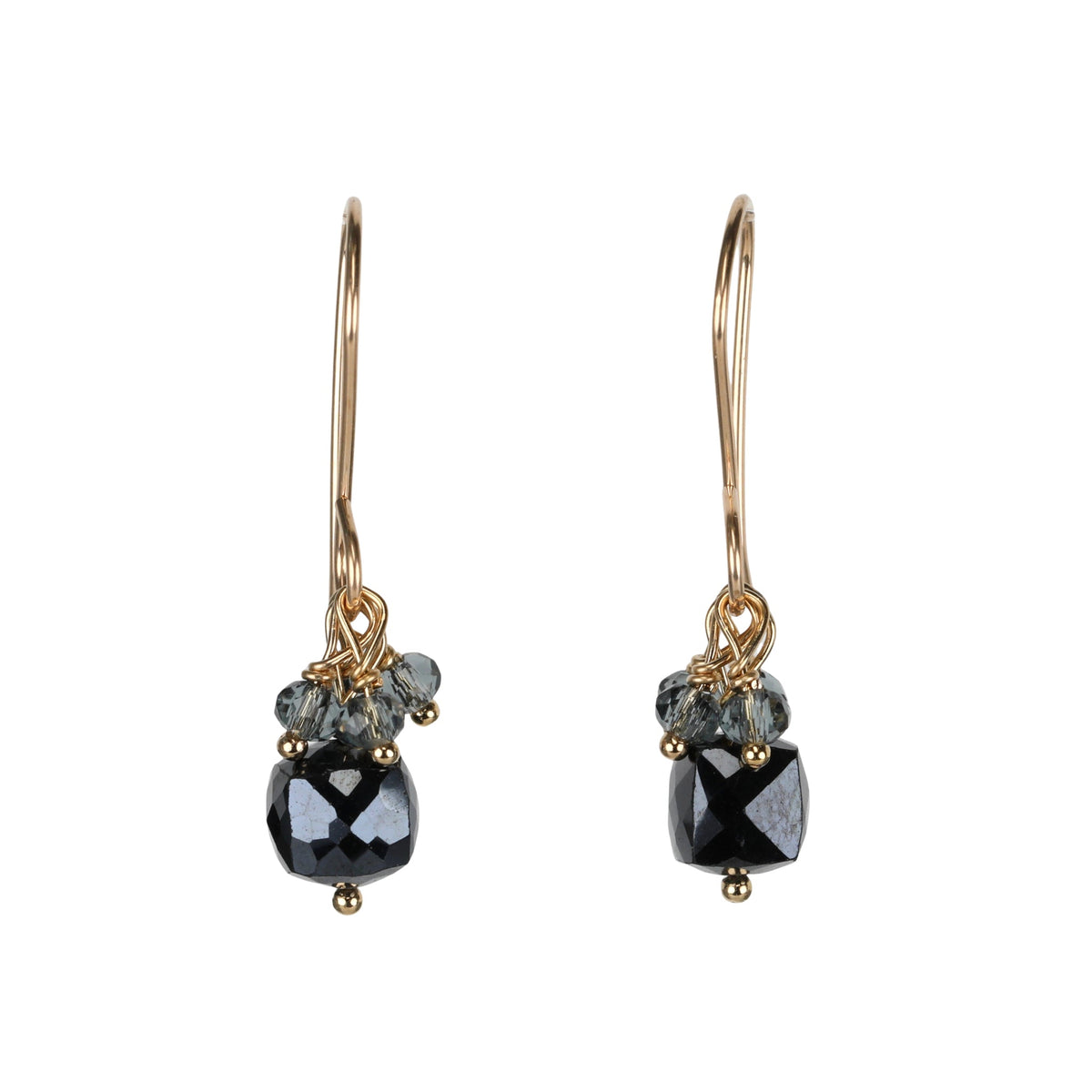 Gold Vermeil &amp; Faceted Black Spinel Drop Earrings Grey Quartz Fringe - Peridot Fine Jewelry - Debbie Fisher