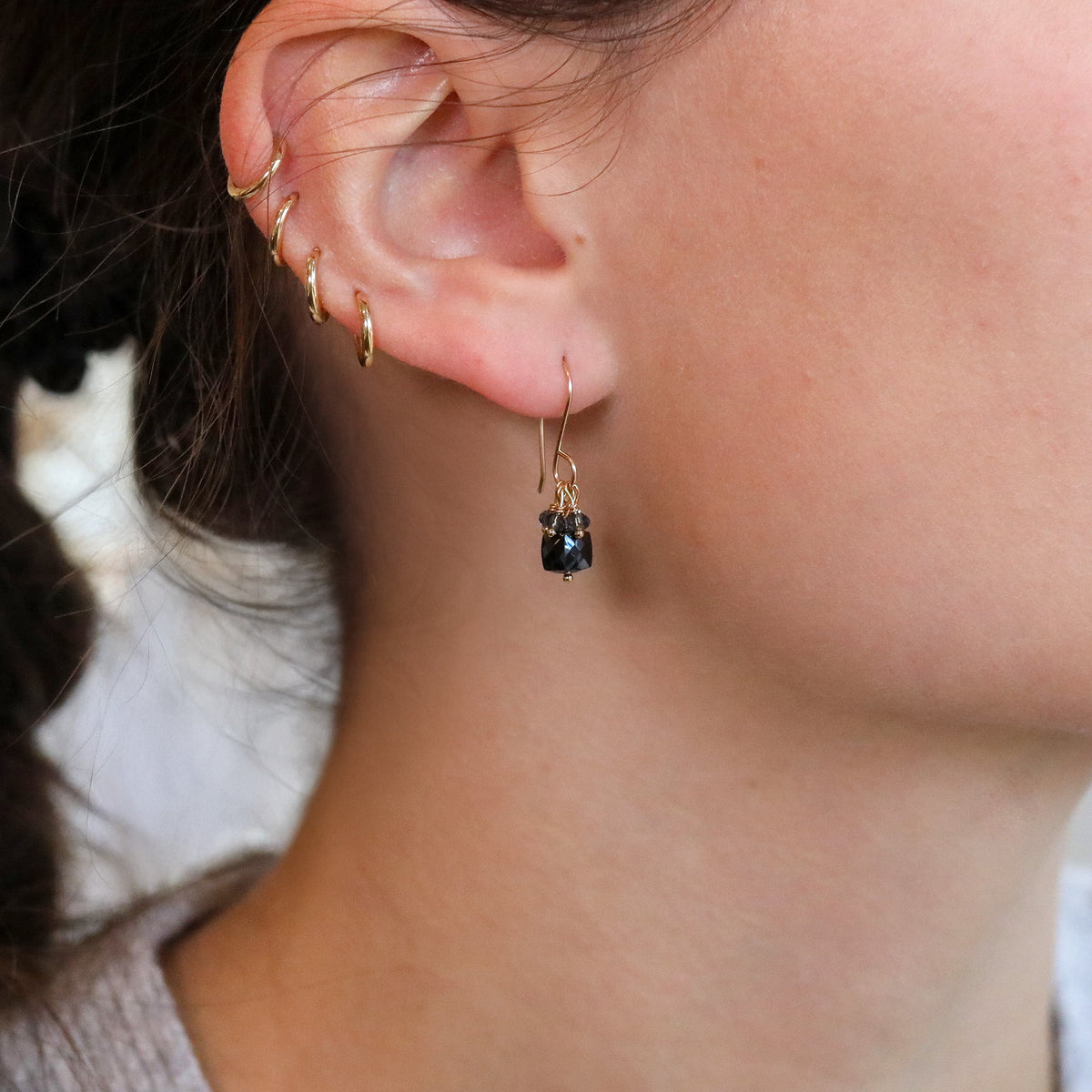 Gold Vermeil &amp; Faceted Black Spinel Drop Earrings Grey Quartz Fringe - Peridot Fine Jewelry - Debbie Fisher