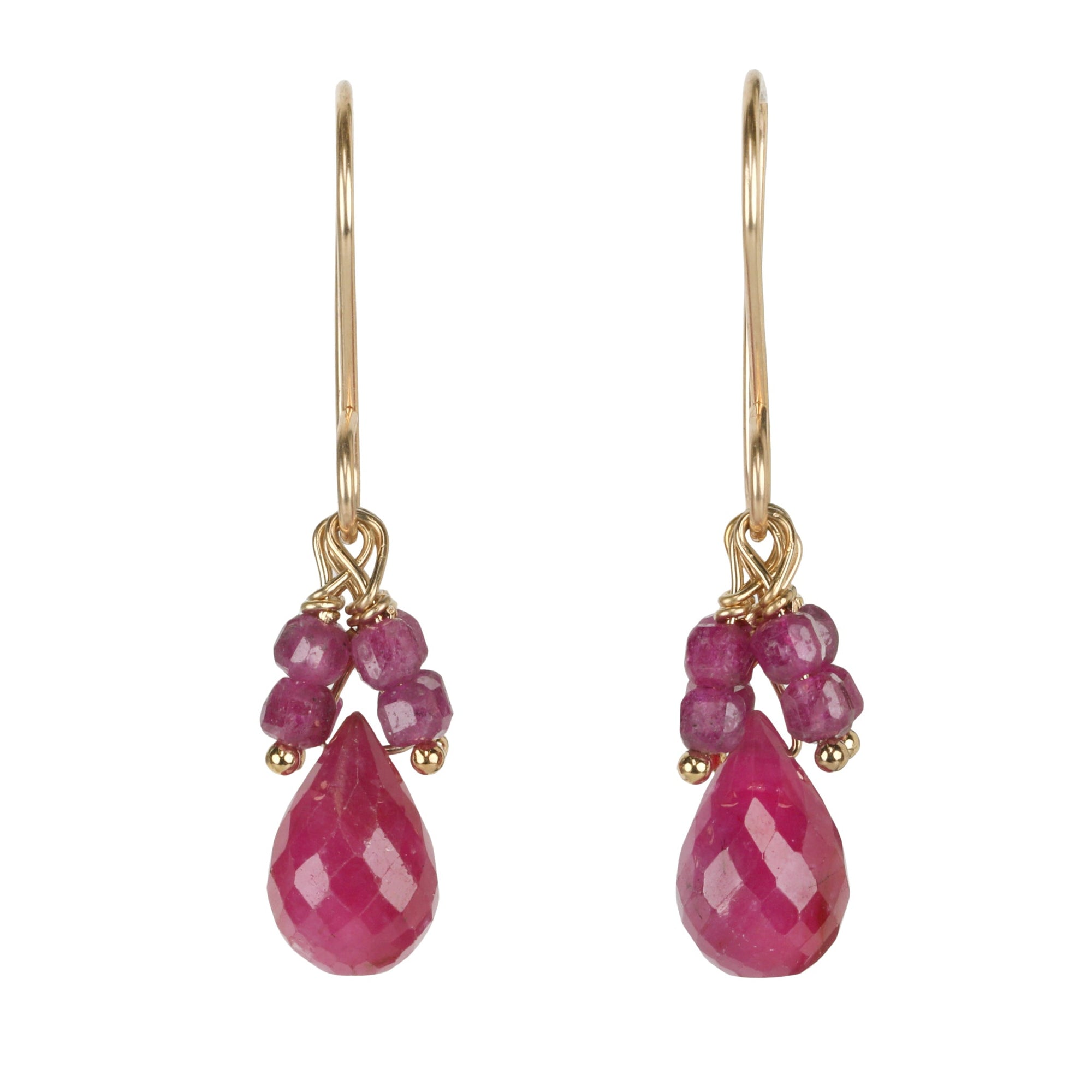 Gold Vermeil &amp; Faceted Ruby Briolette Drop Earrings with Ruby Beaded Fringe Detail - Peridot Fine Jewelry - Debbie Fisher