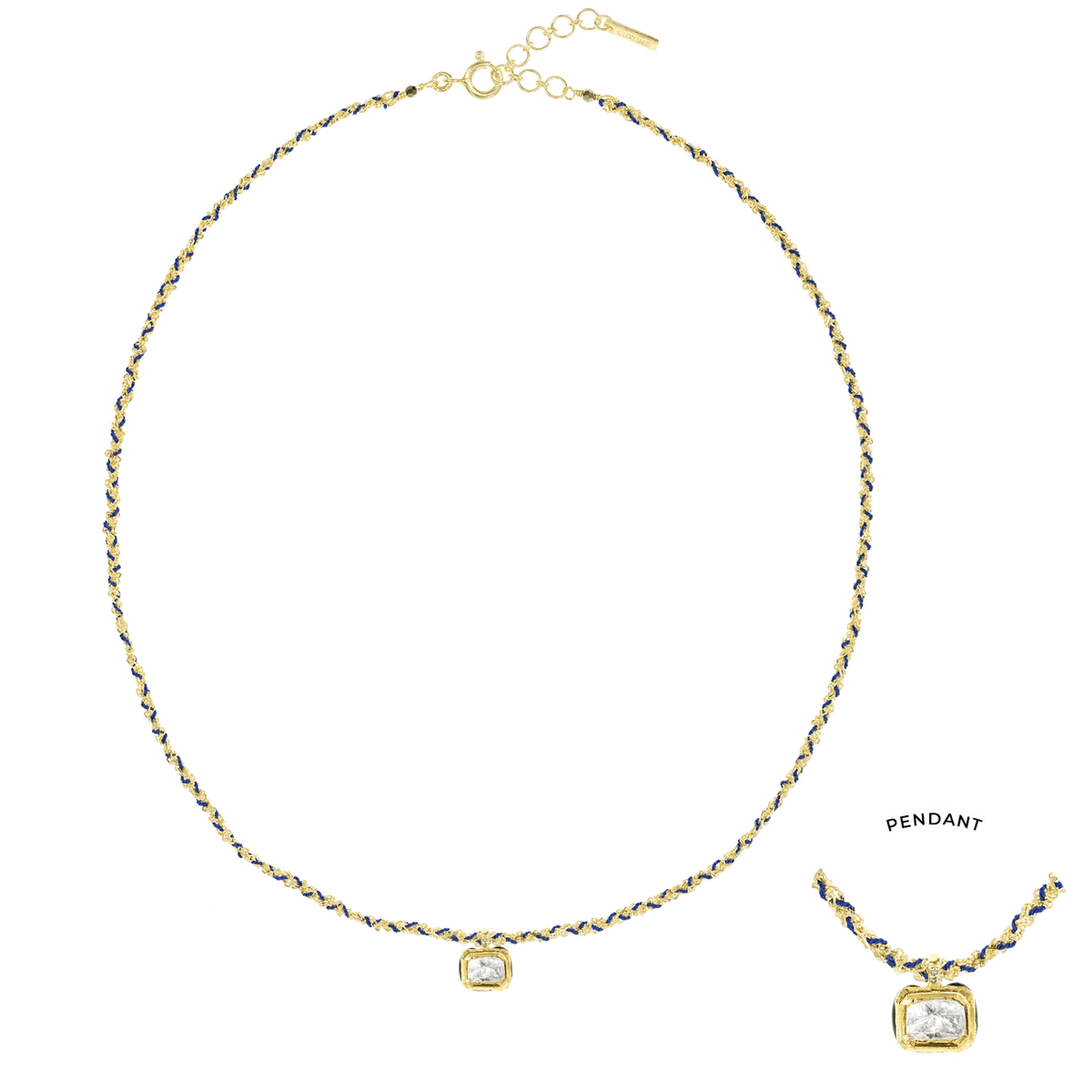 Gold Vermeil &amp; Navy Silk Woven Necklace with Rectangular Bezel-Set Diamond Charm - Peridot Fine Jewelry - Marie Laure Chamorel