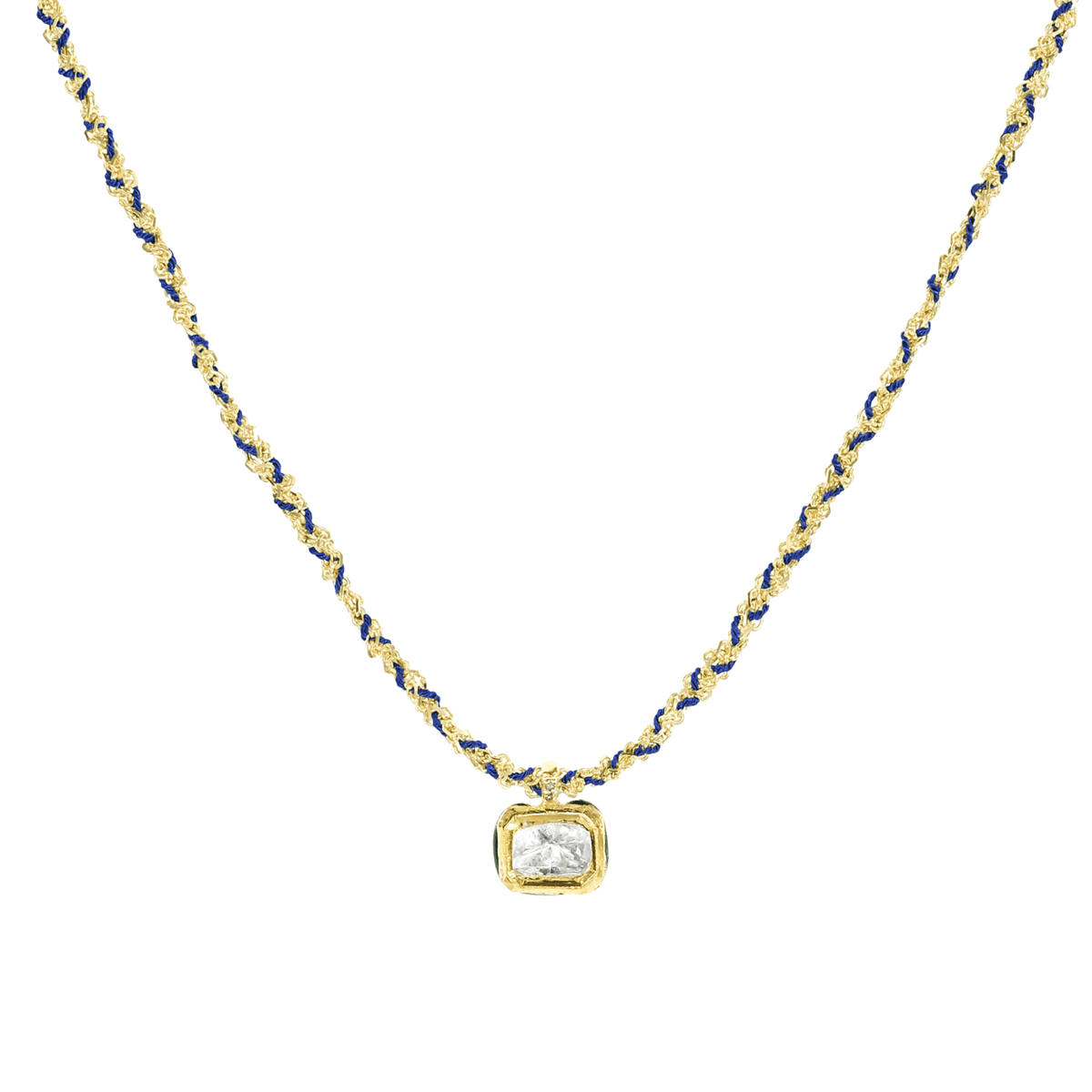 Gold Vermeil &amp; Navy Silk Woven Necklace with Rectangular Bezel-Set Diamond Charm - Peridot Fine Jewelry - Marie Laure Chamorel