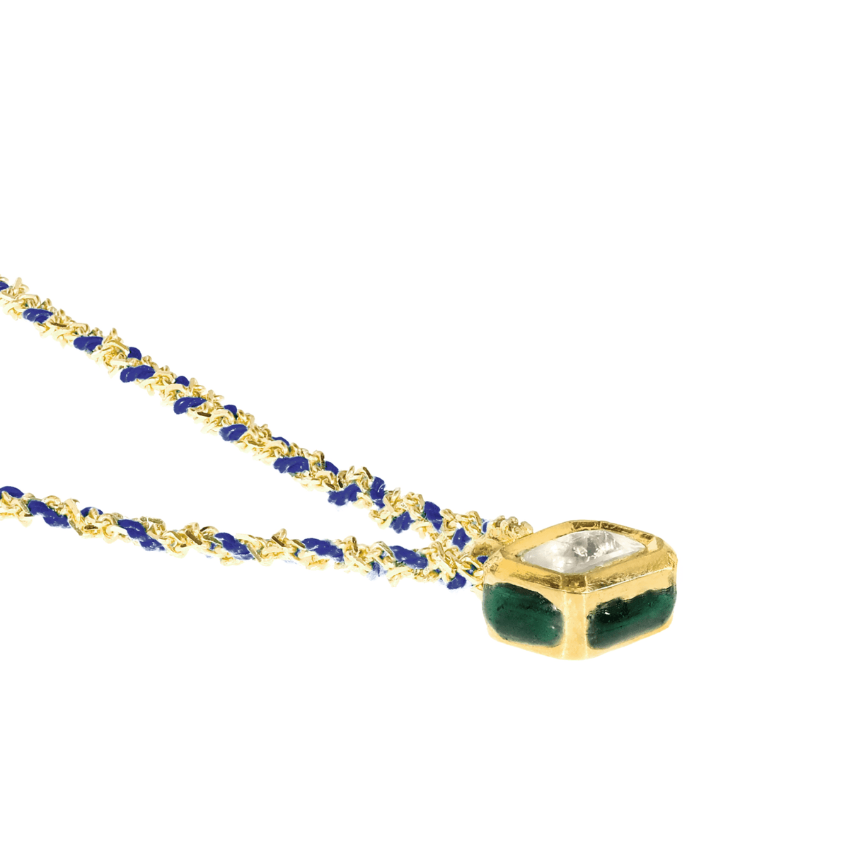 Gold Vermeil &amp; Navy Silk Woven Necklace with Rectangular Bezel-Set Diamond Charm - Peridot Fine Jewelry - Marie Laure Chamorel