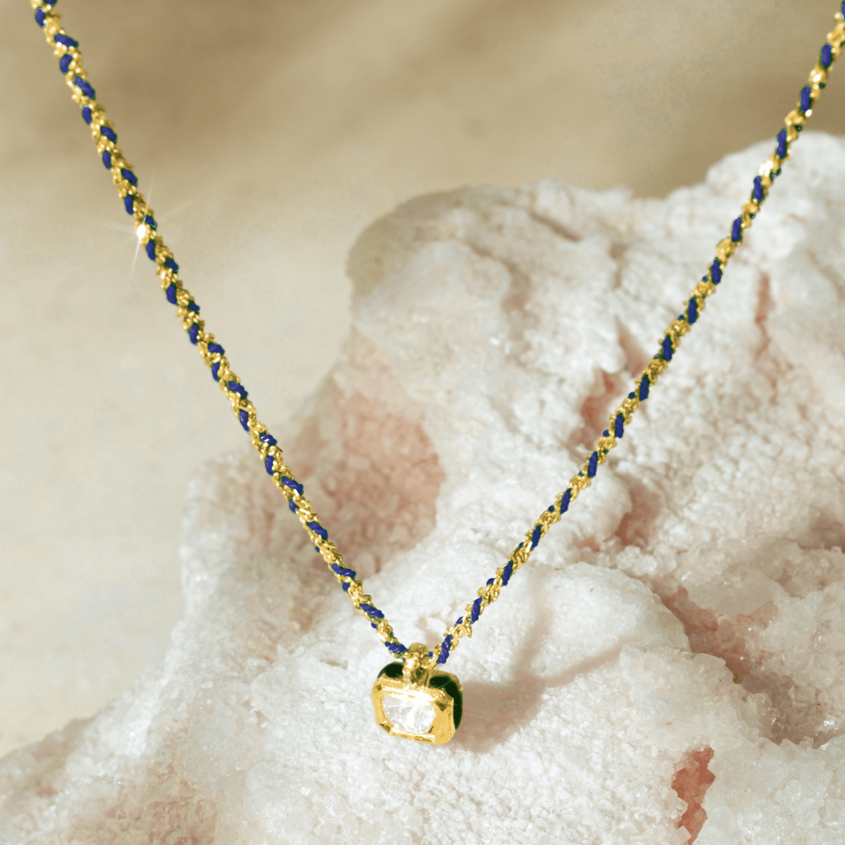 Gold Vermeil &amp; Navy Silk Woven Necklace with Rectangular Bezel-Set Diamond Charm - Peridot Fine Jewelry - Marie Laure Chamorel
