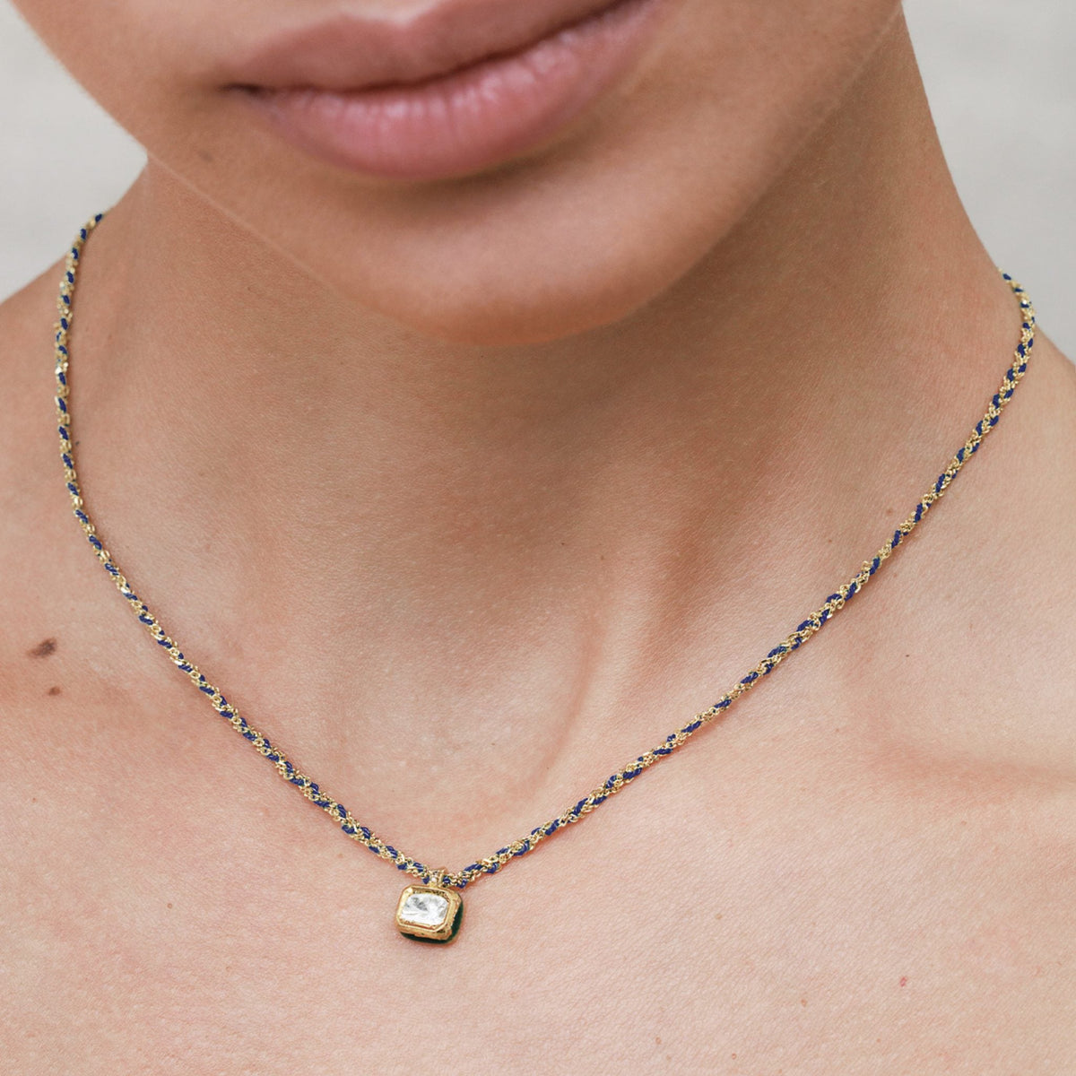Gold Vermeil &amp; Navy Silk Woven Necklace with Rectangular Bezel-Set Diamond Charm - Peridot Fine Jewelry - Marie Laure Chamorel