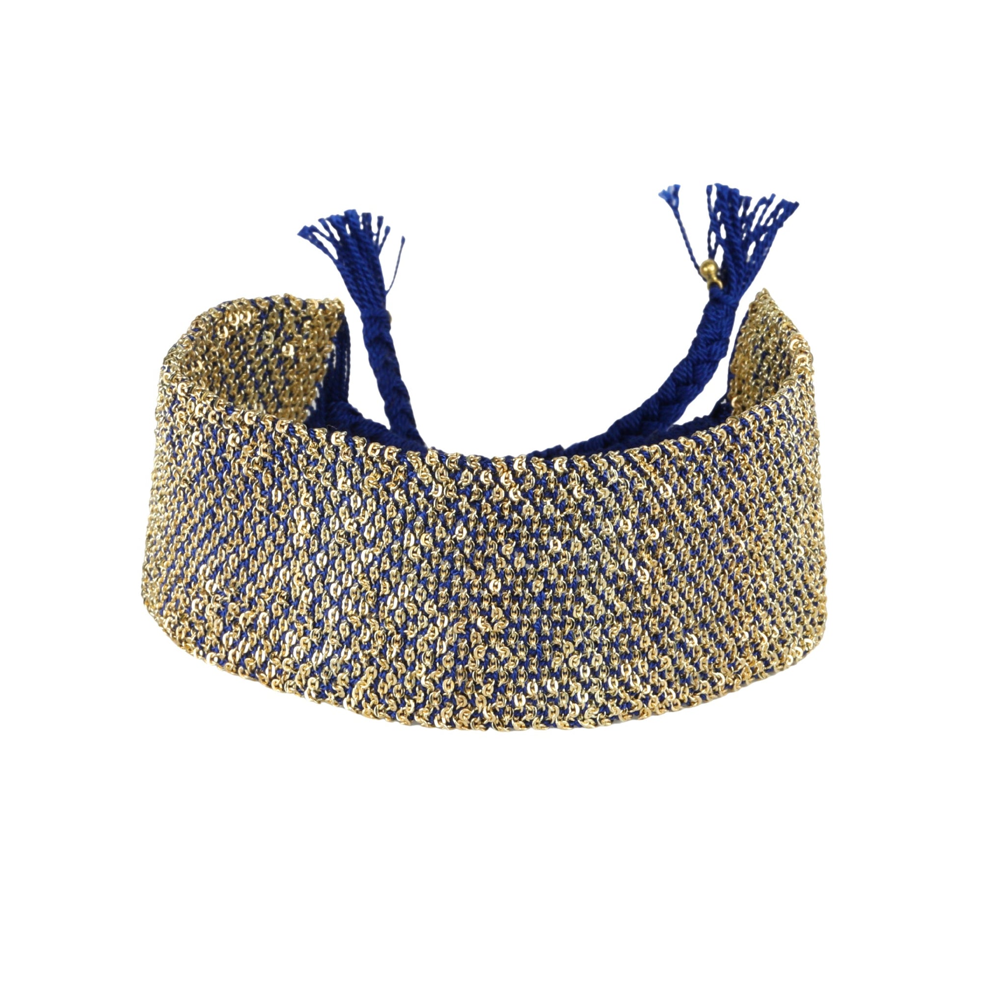 Gold Vermeil & Navy Silk Woven Wide Bracelet - Peridot Fine Jewelry - Marie Laure Chamorel