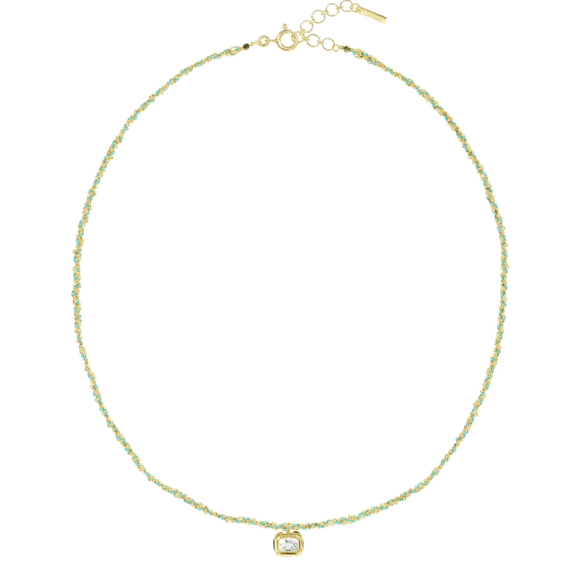 Gold Vermeil &amp; "Turquoise" Blue Silk Woven Necklace with Rectangular Bezel-Set Diamond Charm - Peridot Fine Jewelry - Marie Laure Chamorel