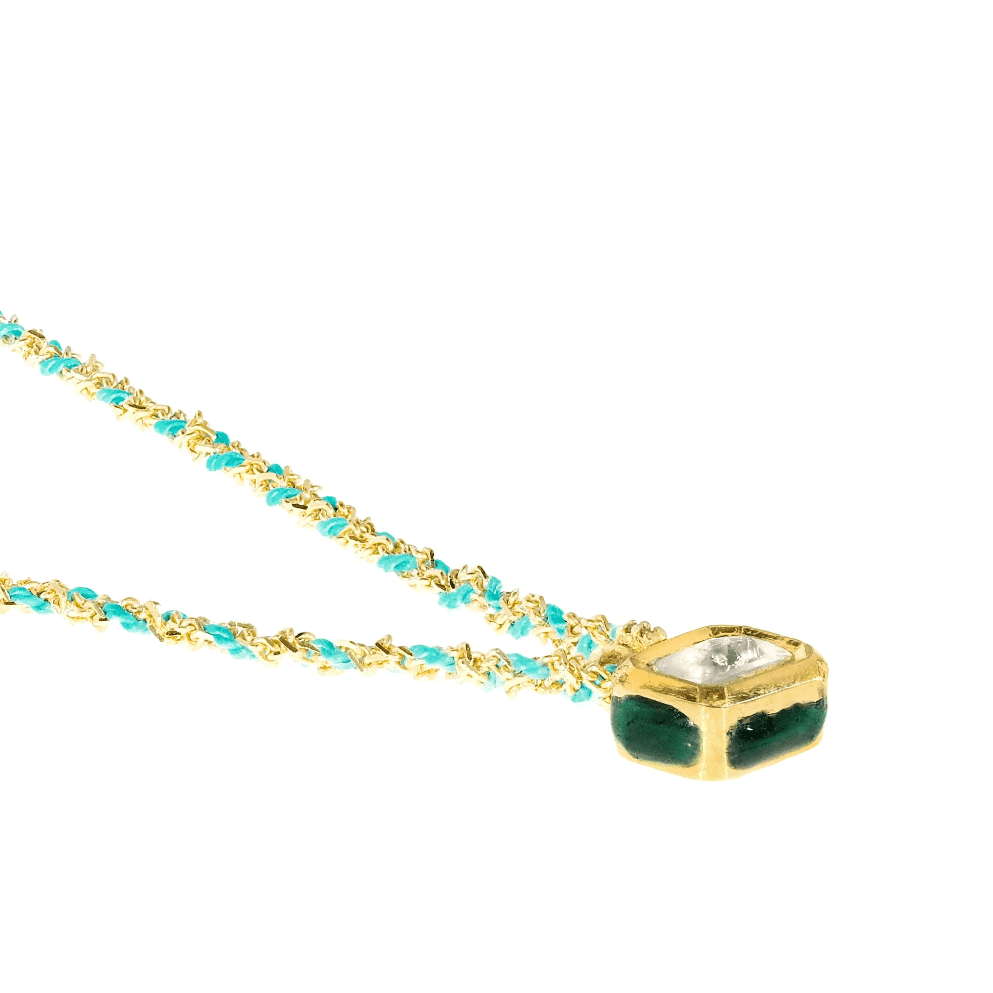 Gold Vermeil &amp; "Turquoise" Blue Silk Woven Necklace with Rectangular Bezel-Set Diamond Charm - Peridot Fine Jewelry - Marie Laure Chamorel