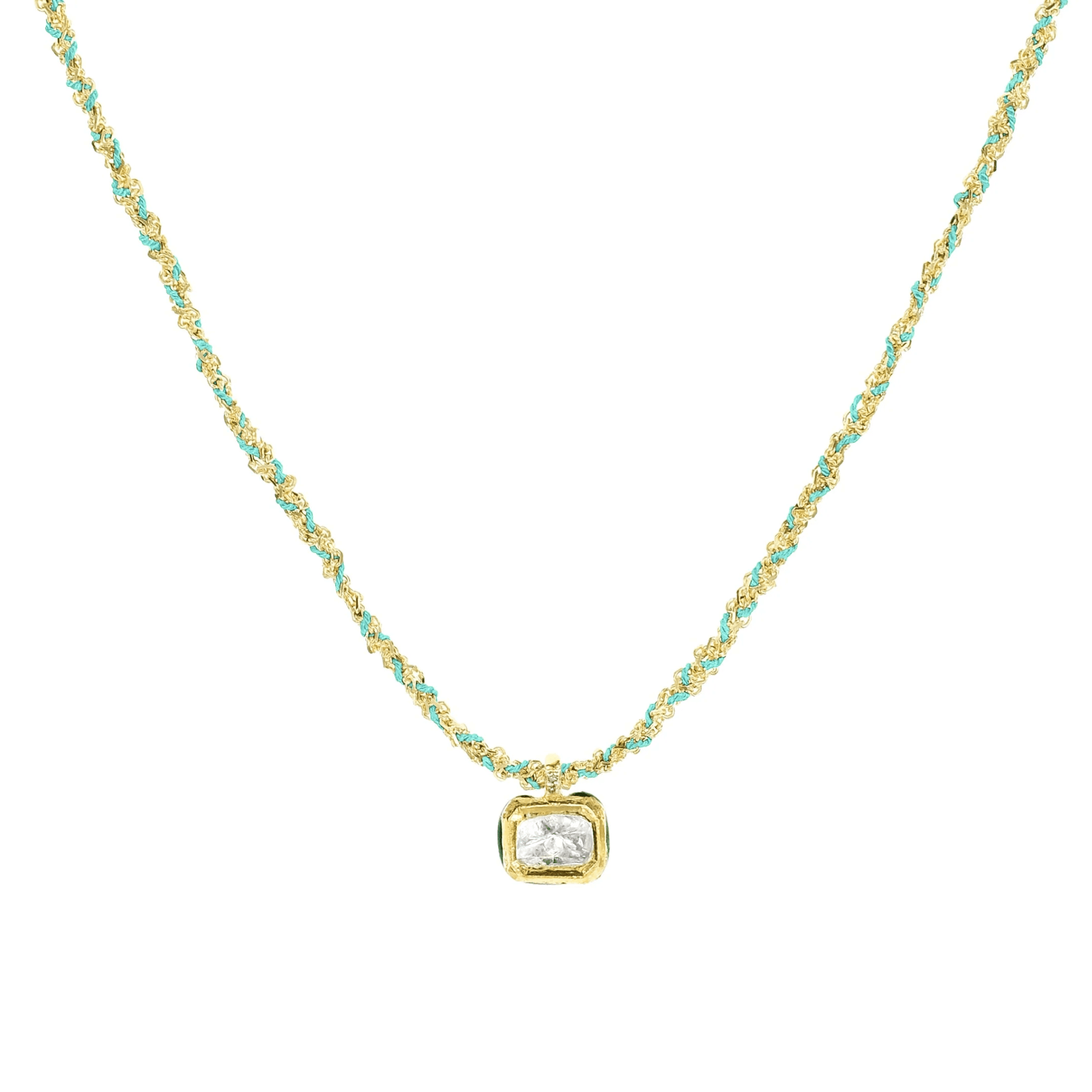 Gold Vermeil &amp; "Turquoise" Blue Silk Woven Necklace with Rectangular Bezel-Set Diamond Charm - Peridot Fine Jewelry - Marie Laure Chamorel