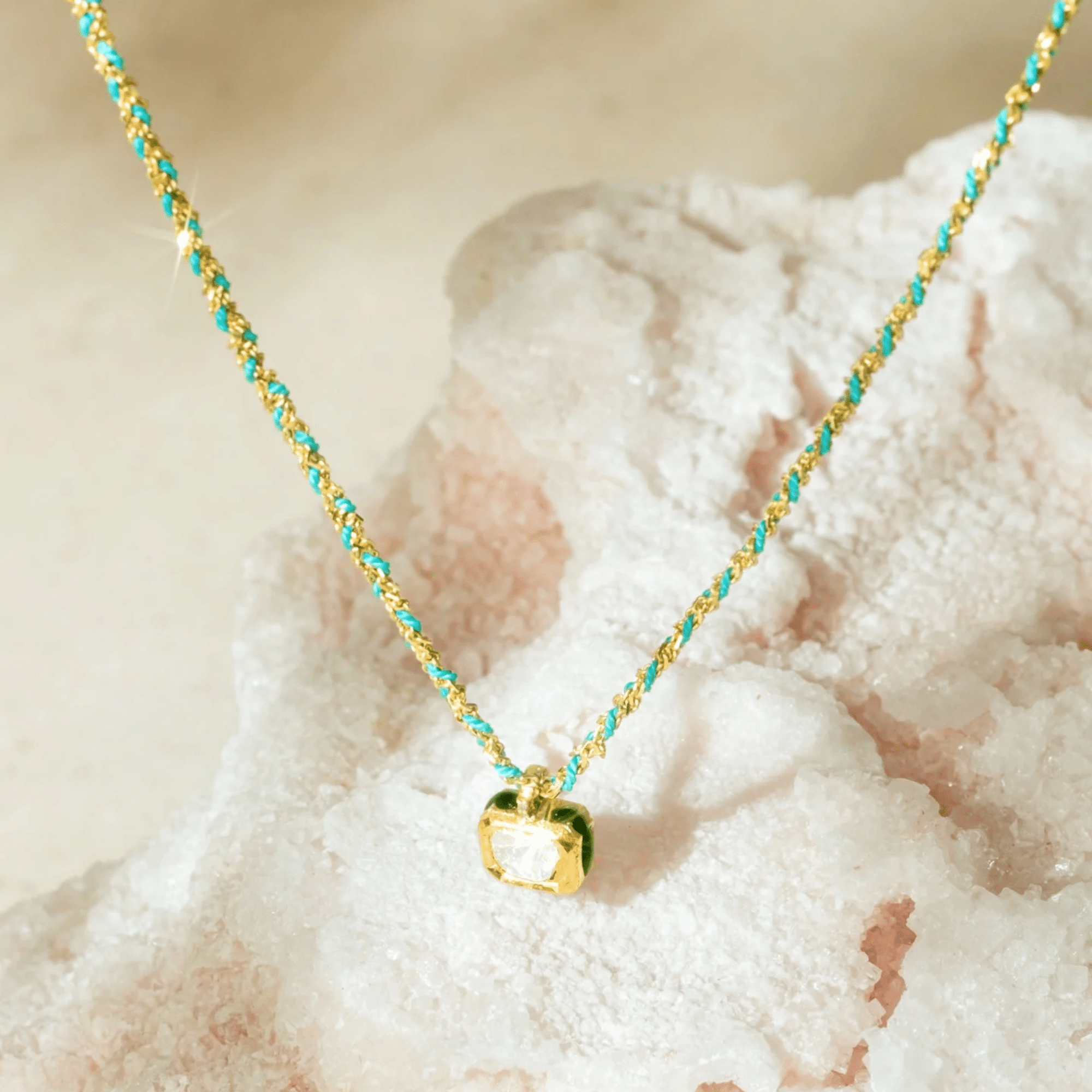 Gold Vermeil &amp; "Turquoise" Blue Silk Woven Necklace with Rectangular Bezel-Set Diamond Charm - Peridot Fine Jewelry - Marie Laure Chamorel