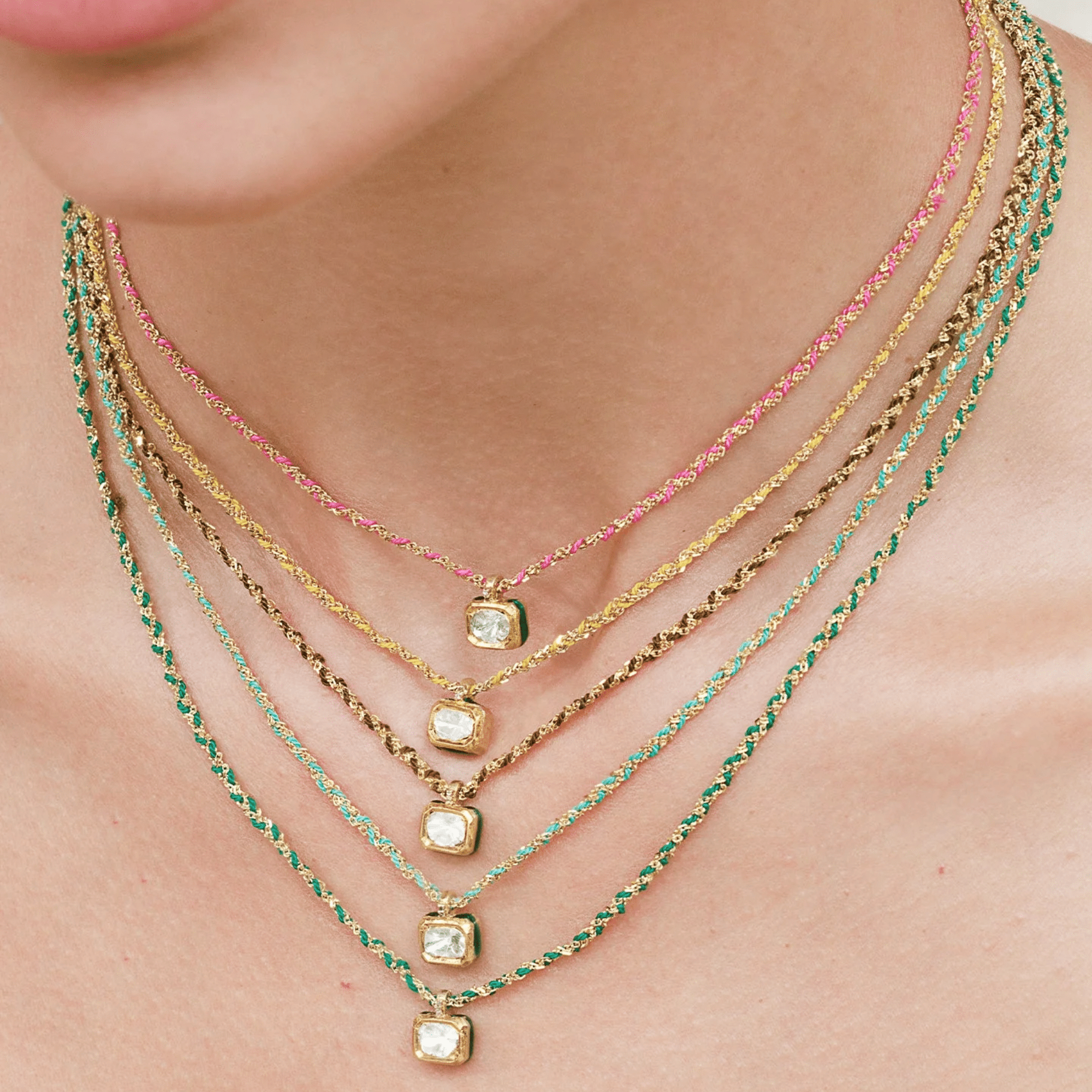 Gold Vermeil &amp; "Turquoise" Blue Silk Woven Necklace with Rectangular Bezel-Set Diamond Charm - Peridot Fine Jewelry - Marie Laure Chamorel
