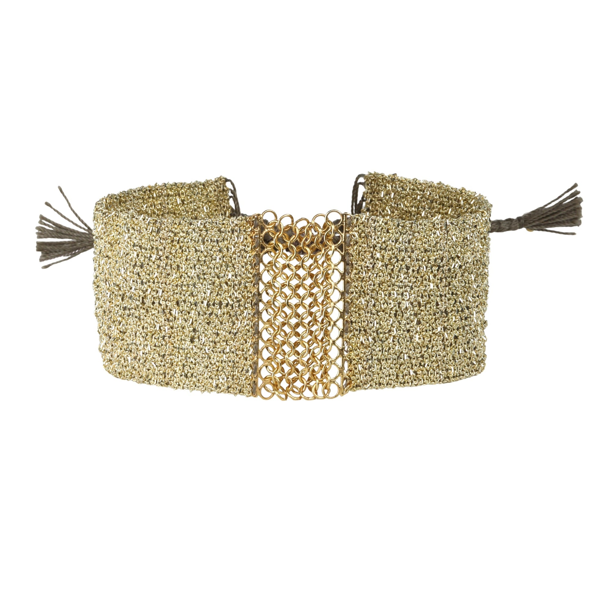 Gold Vermeil Wide Woven Bracelet with Mesh Chain Center - Peridot Fine Jewelry - Marie Laure Chamorel