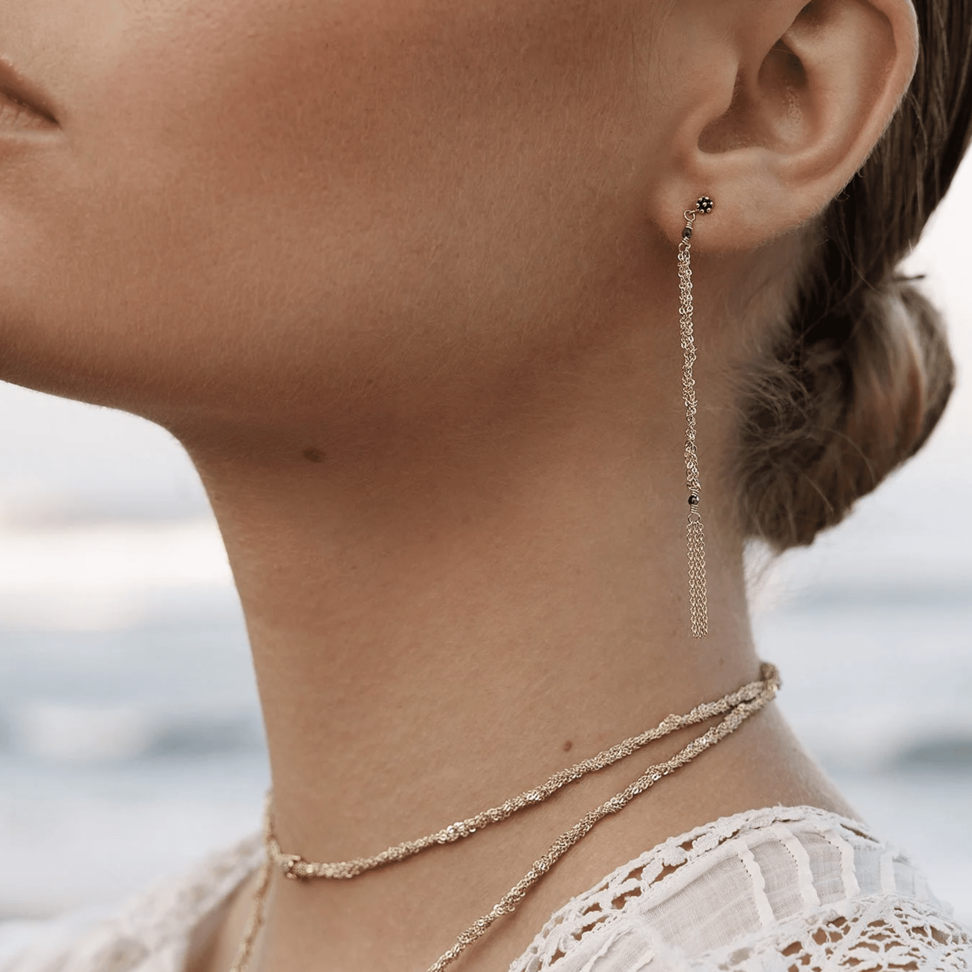 Gold Vermeil Woven Chain Drop Earrings with Crystal Bead &amp; Chain Fringe Details - Peridot Fine Jewelry - Marie Laure Chamorel