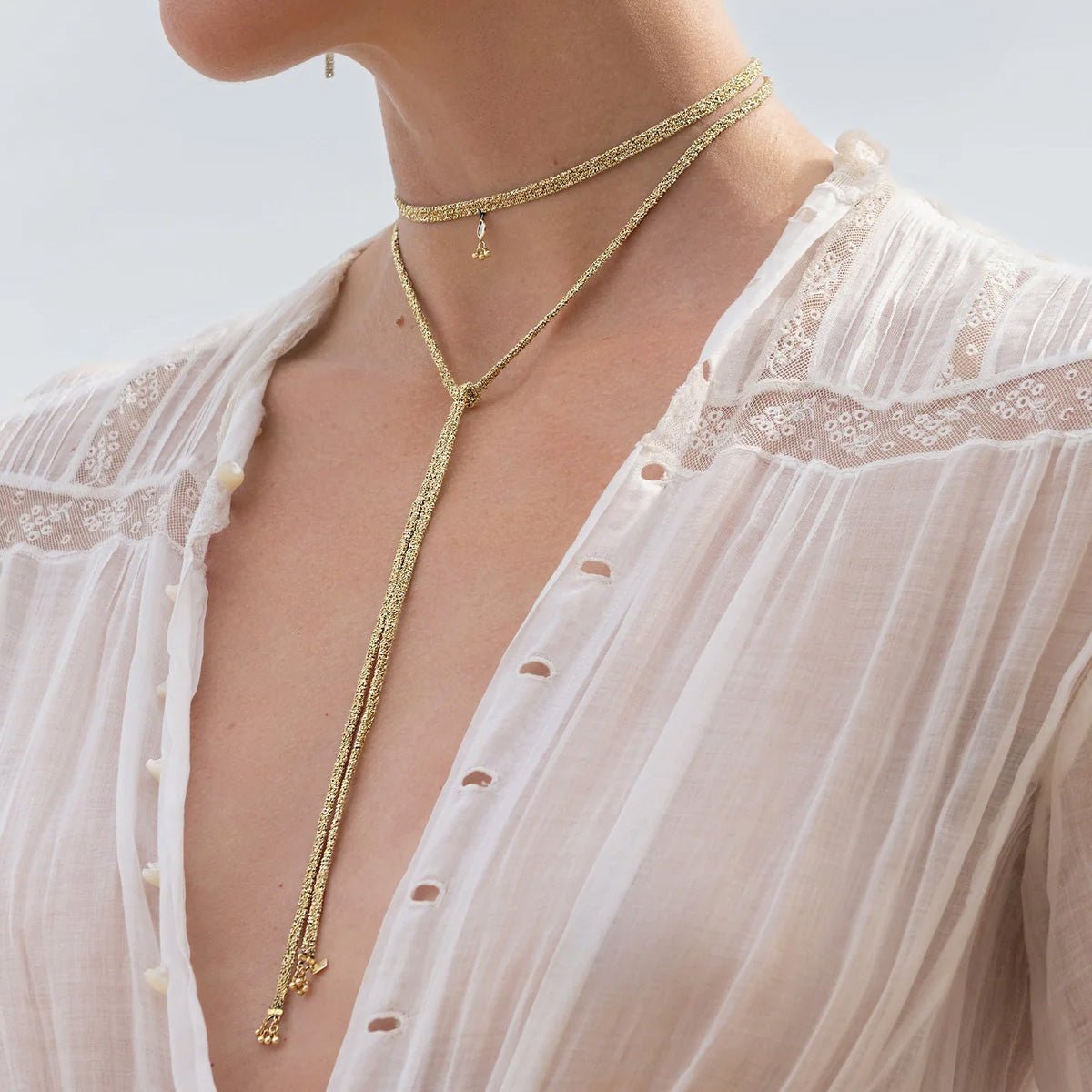 Gold Vermeil Woven Chain Necklace with Dotted &quot;Fringe&quot; - Peridot Fine Jewelry - Marie Laure Chamorel