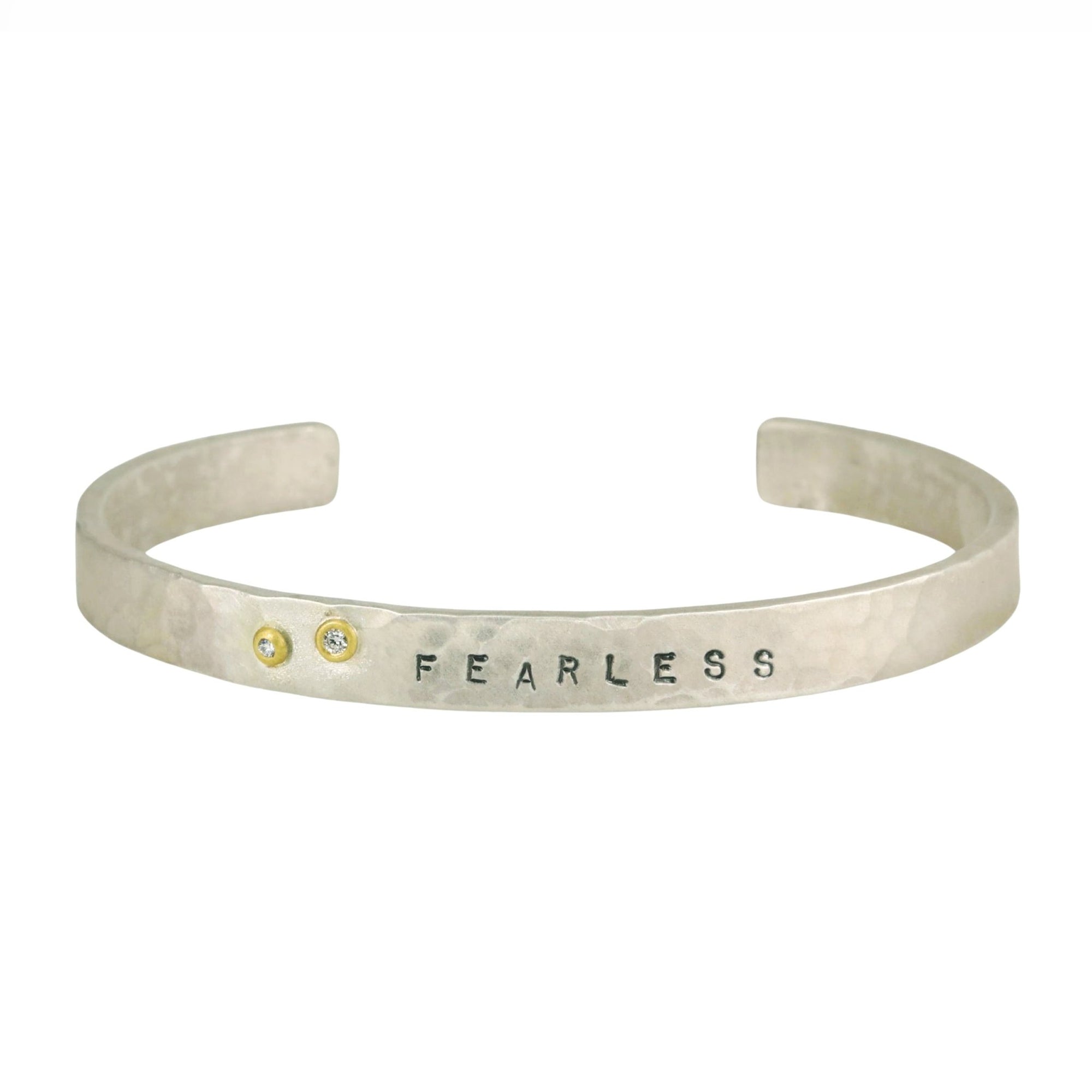 Hammered Silver &quot;Fearless&quot; Cuff with Diamond Details - Peridot Fine Jewelry - Trielle Fine Jewelry