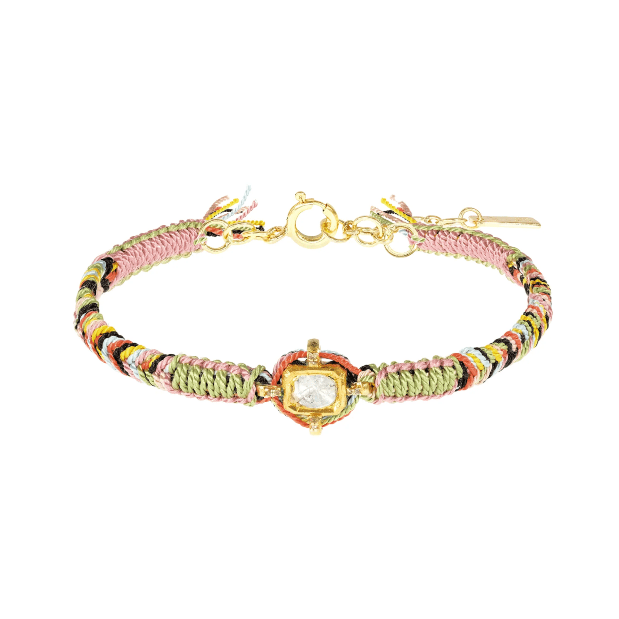 Jade Mix Macramé Bracelet with Center Vermeil Rectangular Bezel-Set Asymmetrical Diamond Charm - Peridot Fine Jewelry - Marie Laure Chamorel