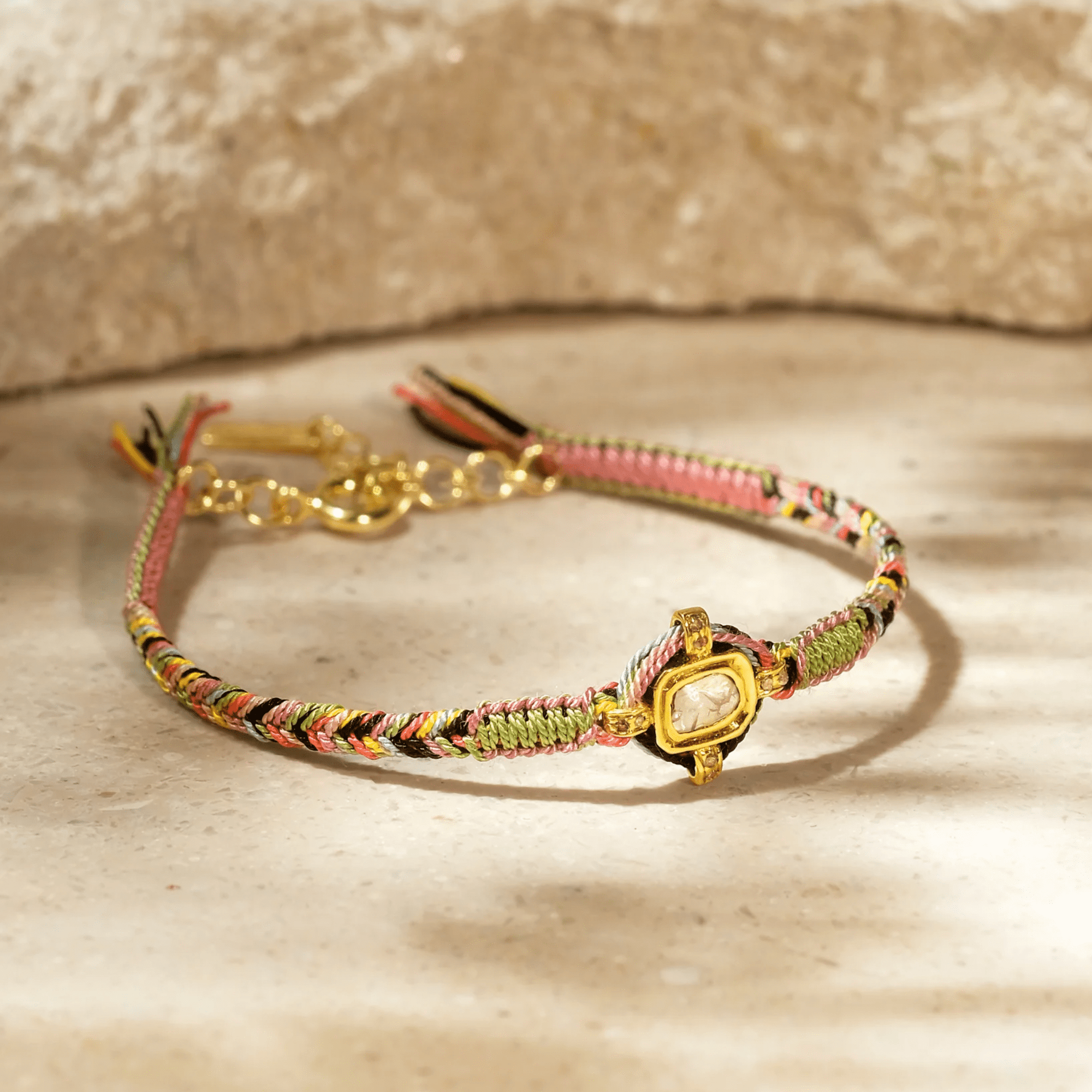 Jade Mix Macramé Bracelet with Center Vermeil Rectangular Bezel-Set Asymmetrical Diamond Charm - Peridot Fine Jewelry - Marie Laure Chamorel