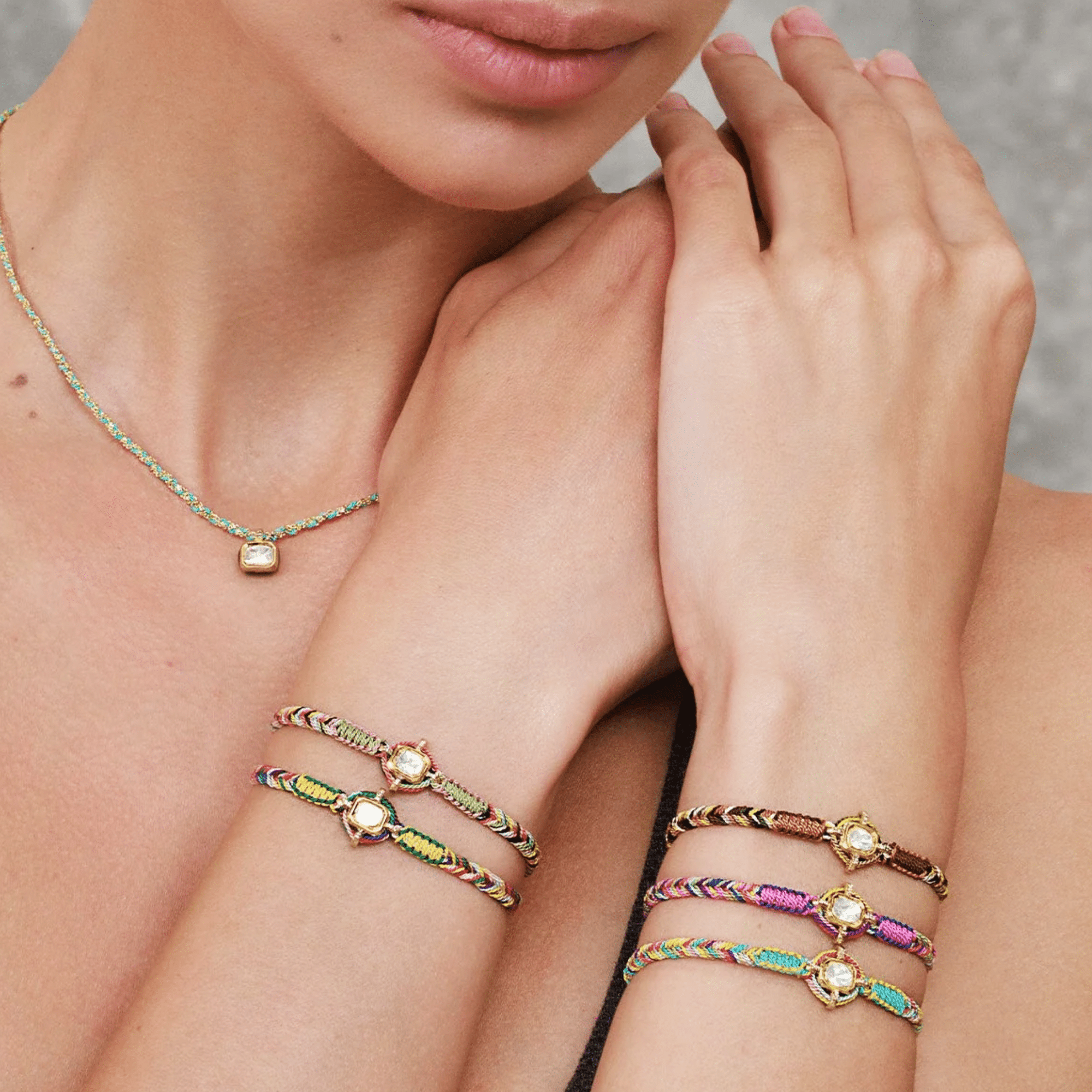 Jade Mix Macramé Bracelet with Center Vermeil Rectangular Bezel-Set Asymmetrical Diamond Charm - Peridot Fine Jewelry - Marie Laure Chamorel