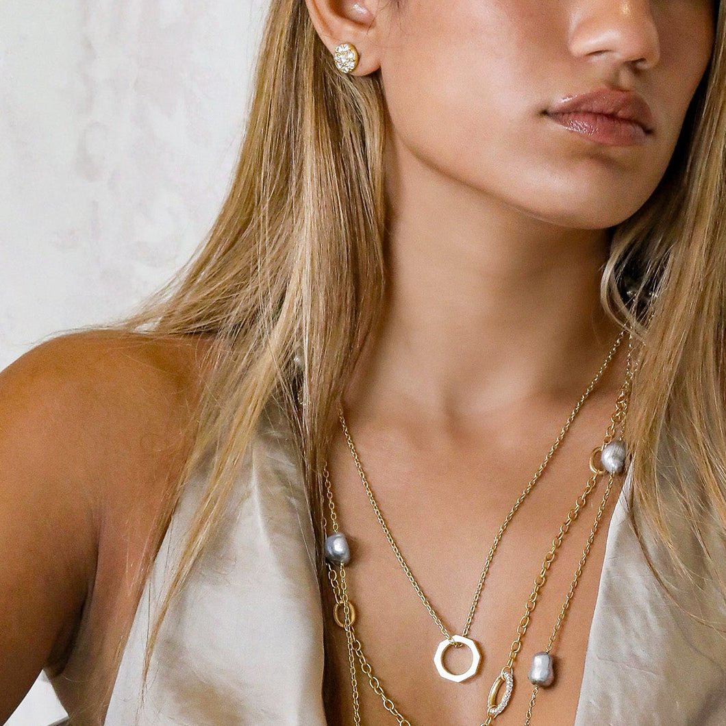 Large 20K Gold &amp; Pave Diamond Lentil Stud Earrings - Peridot Fine Jewelry - Caroline Ellen