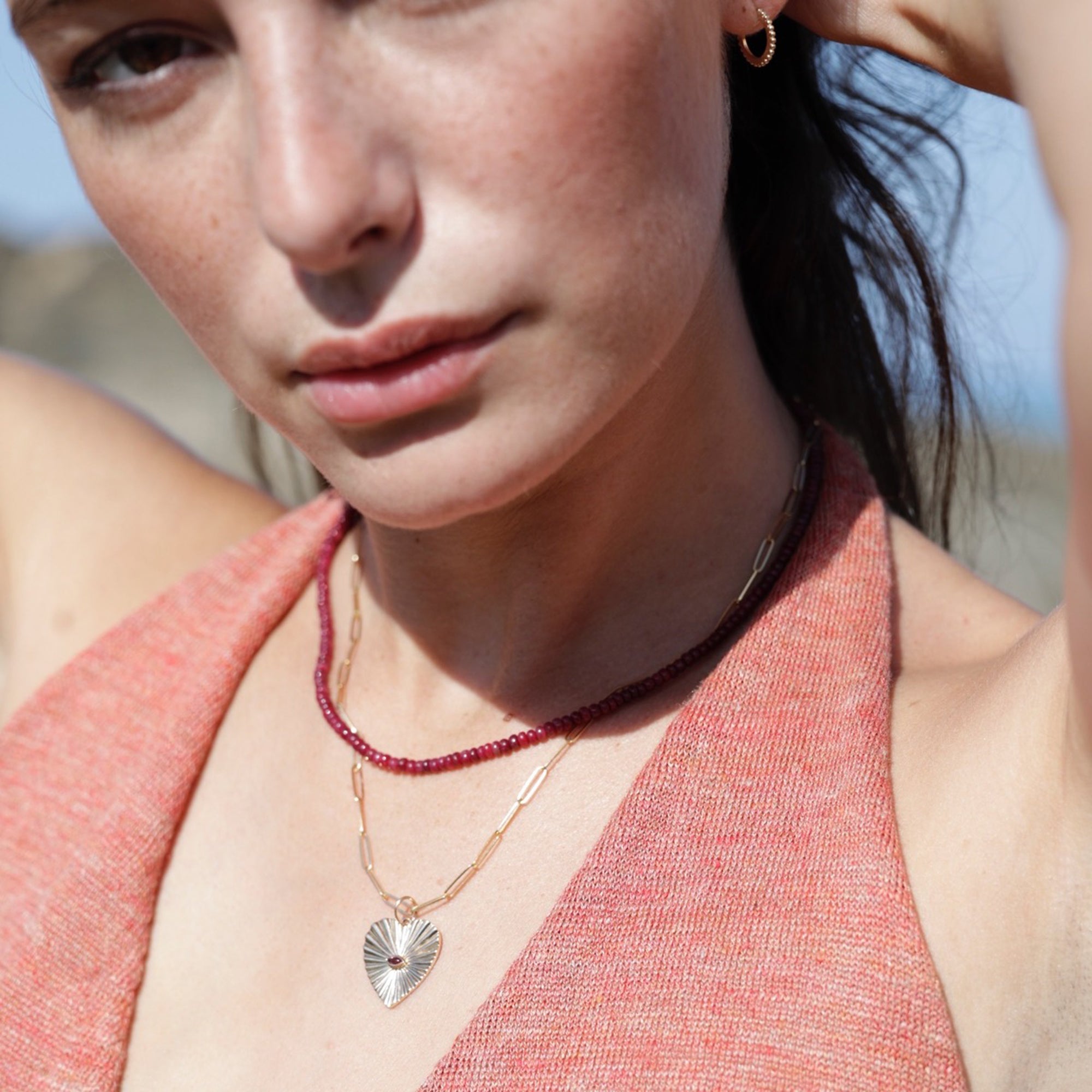 10K Gold Large Textured Heart Pendant with Pink Tourmaline