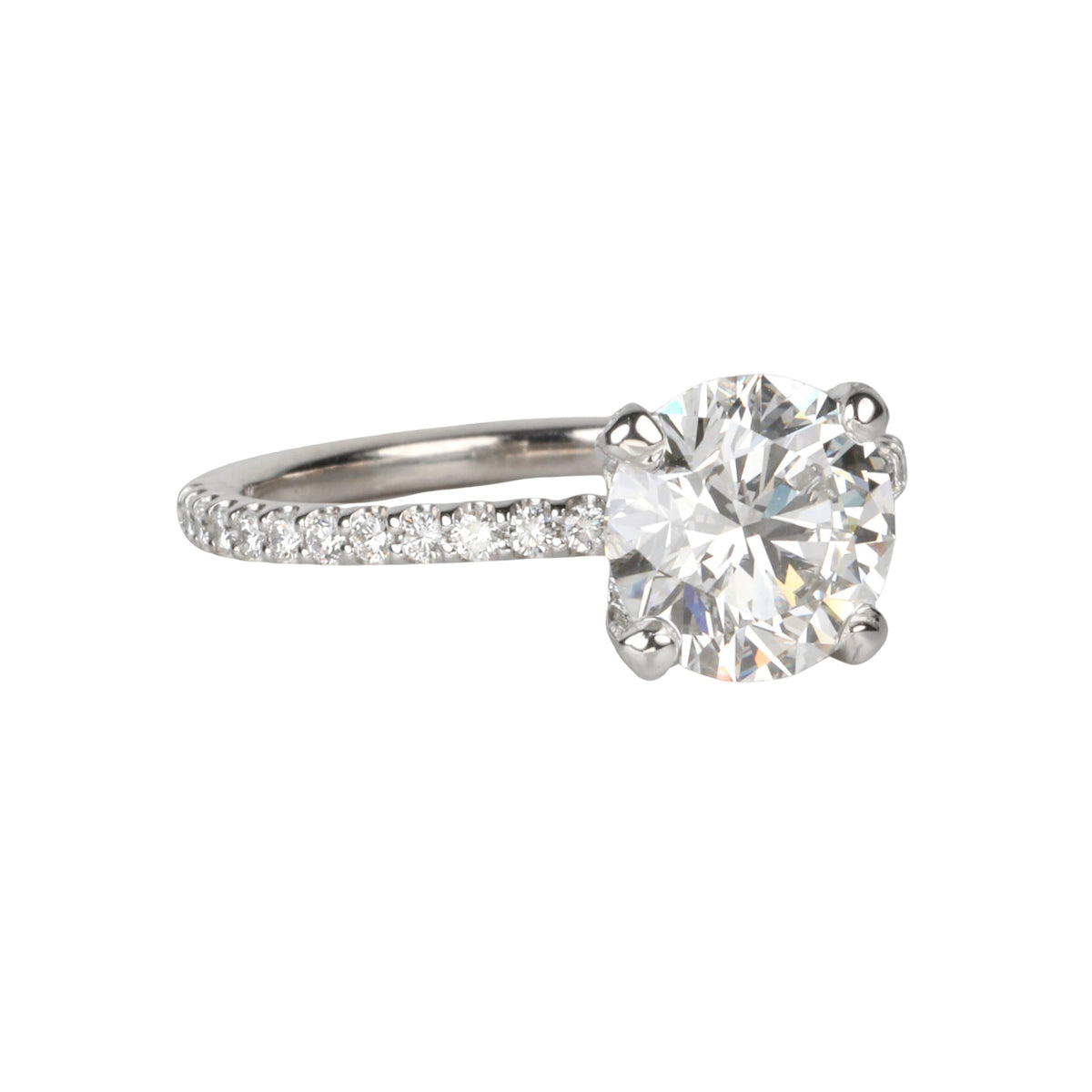 Live Platinum Prong-Set 2.09ct Lab Grown Round Brilliant Cut Diamond Ring with Pave Diamond Band and Prongs - Peridot Fine Jewelry - Mark Patterson