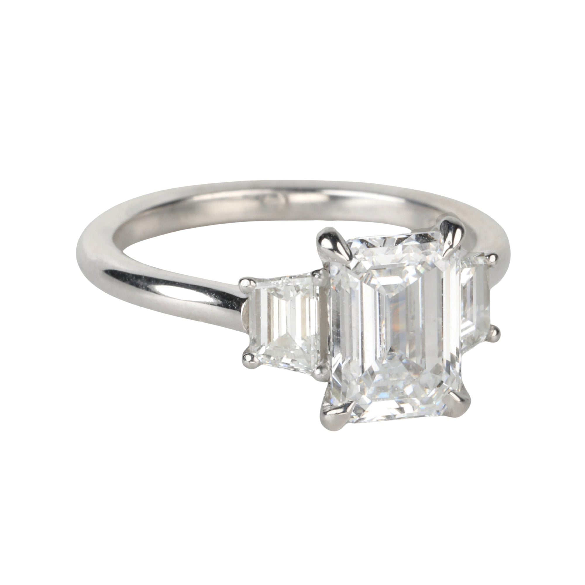 Live Platinum Prong-Set Three-Stone Ring with 2ct Lab Grown Emerald-Cut Diamond &amp; Natural Trapeze Side Diamonds - Peridot Fine Jewelry - Mark Patterson