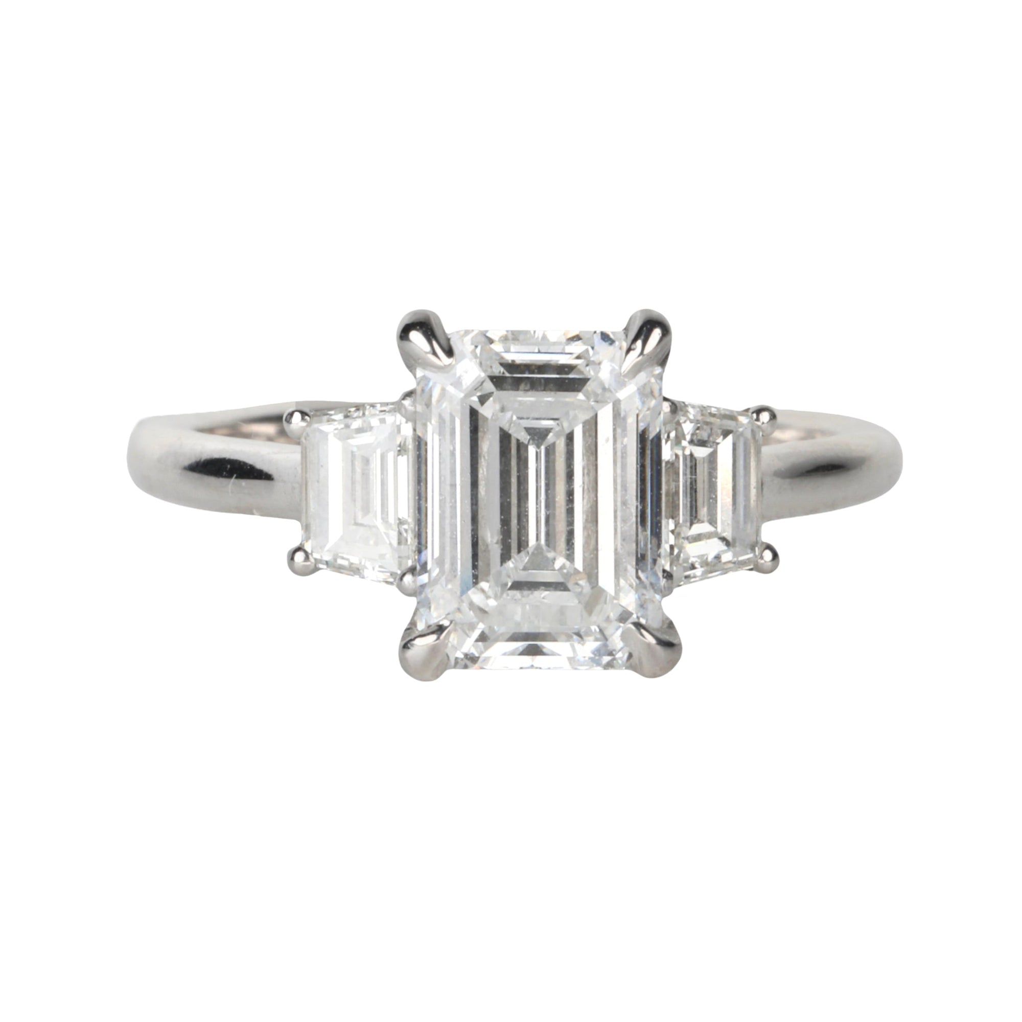 Live Platinum Prong-Set Three-Stone Ring with 2ct Lab Grown Emerald-Cut Diamond & Natural Trapeze Side Diamonds - Peridot Fine Jewelry - Mark Patterson