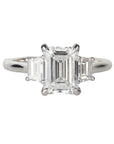 Live Platinum Prong-Set Three-Stone Ring with 2ct Lab Grown Emerald-Cut Diamond & Natural Trapeze Side Diamonds - Peridot Fine Jewelry - Mark Patterson