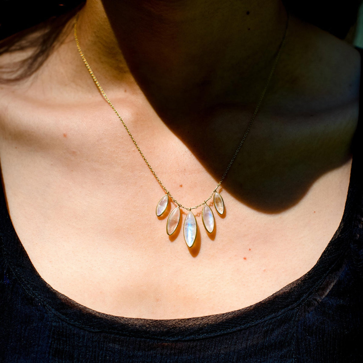 Marquise Moonstone Petite Fringe "Petals" Necklace - Peridot Fine Jewelry - Kothari