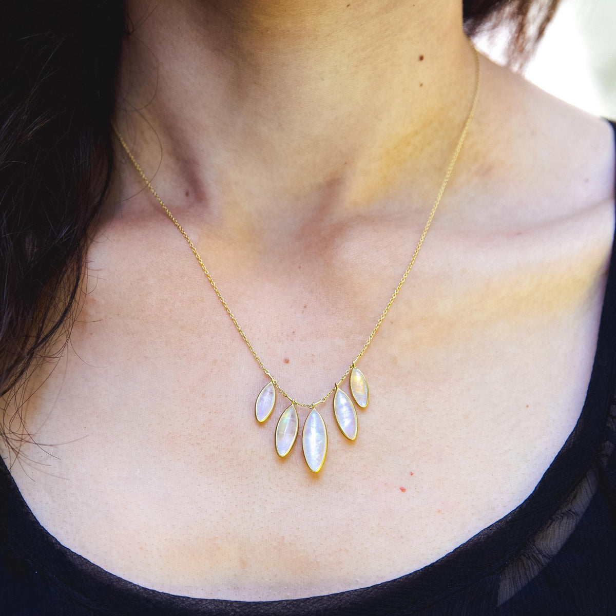 Marquise Moonstone Petite Fringe "Petals" Necklace - Peridot Fine Jewelry - Kothari