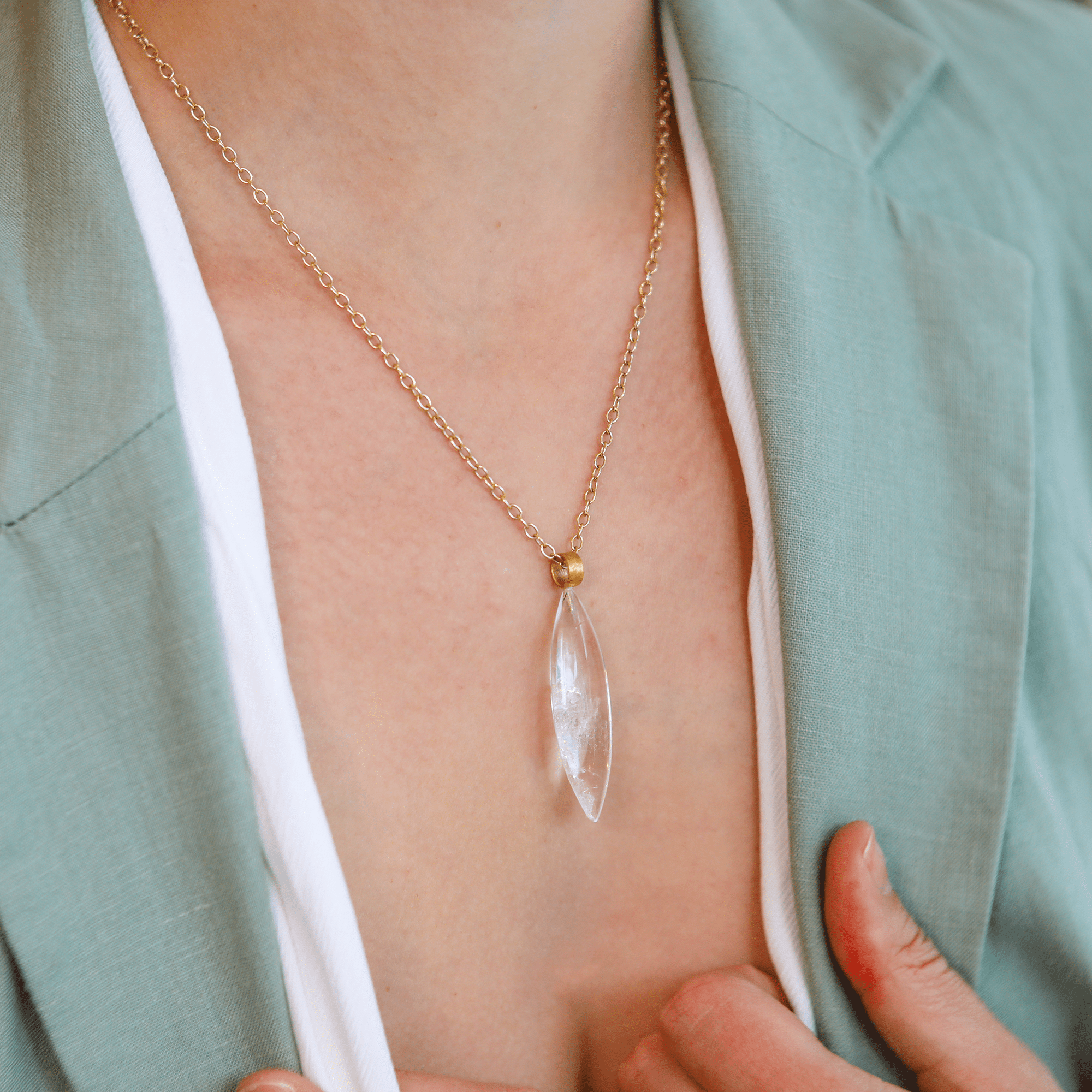 Marquise - Shaped Phantom Quartz Pendant with 22K Gold Wide Bale - Peridot Fine Jewelry - Rosanne Pugliese