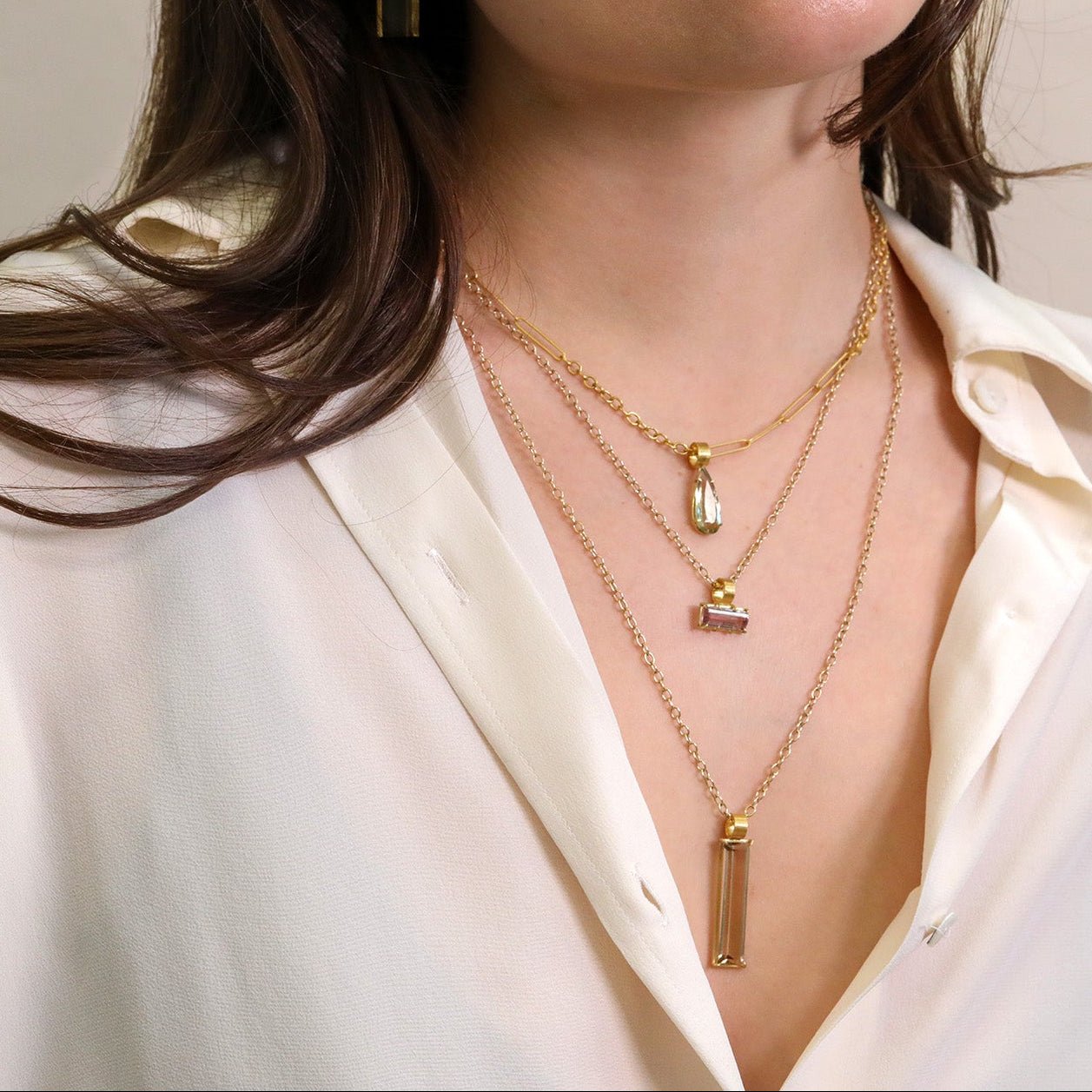 Mini Emerald - Cut Pink Tourmaline Pendant set in 22K & 18K - Peridot Fine Jewelry - Rosanne Pugliese