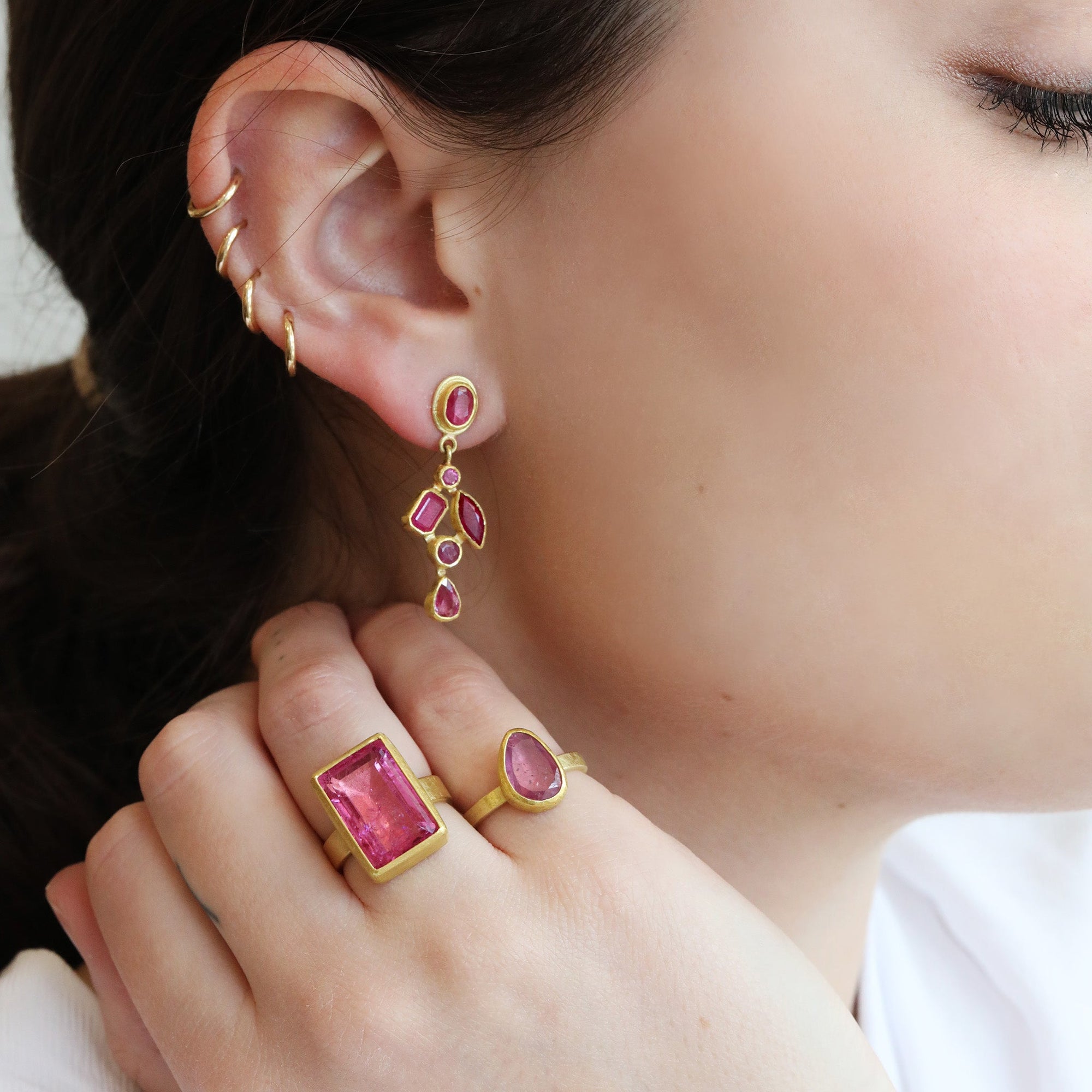 Mixed Faceted Ruby &quot;Mosaic&quot; Earrings - Peridot Fine Jewelry - Petra Class