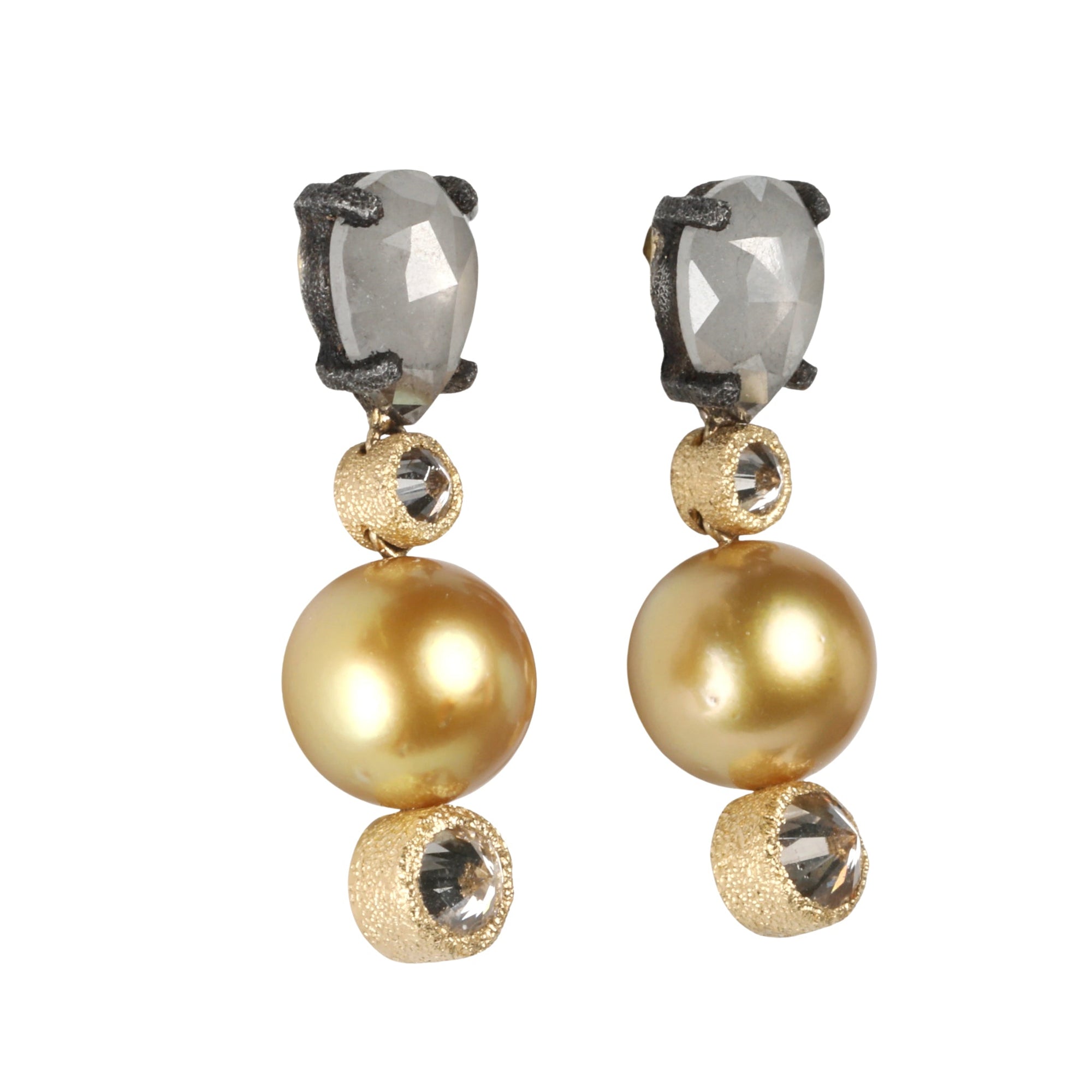 Mixed Gold Multi Drop Earrings with Pear Shaped Grey Diamonds &amp; Golden South Sea Pearls Separated by Champagne Diamonds - Peridot Fine Jewelry - TAP by Todd Pownell