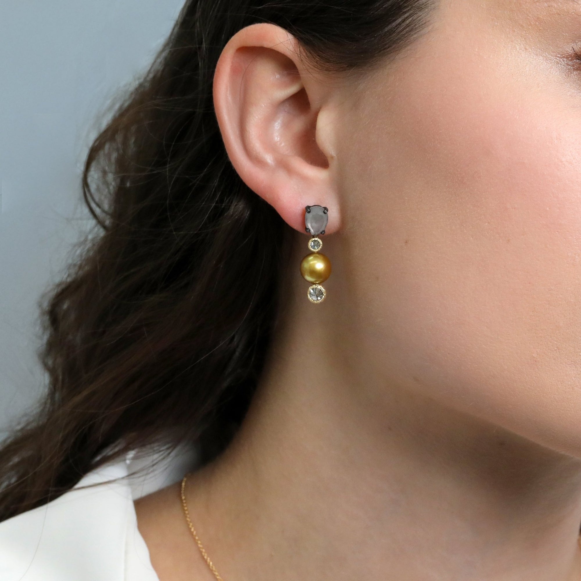 Mixed Gold Multi Drop Earrings with Pear Shaped Grey Diamonds &amp; Golden South Sea Pearls Separated by Champagne Diamonds - Peridot Fine Jewelry - TAP by Todd Pownell