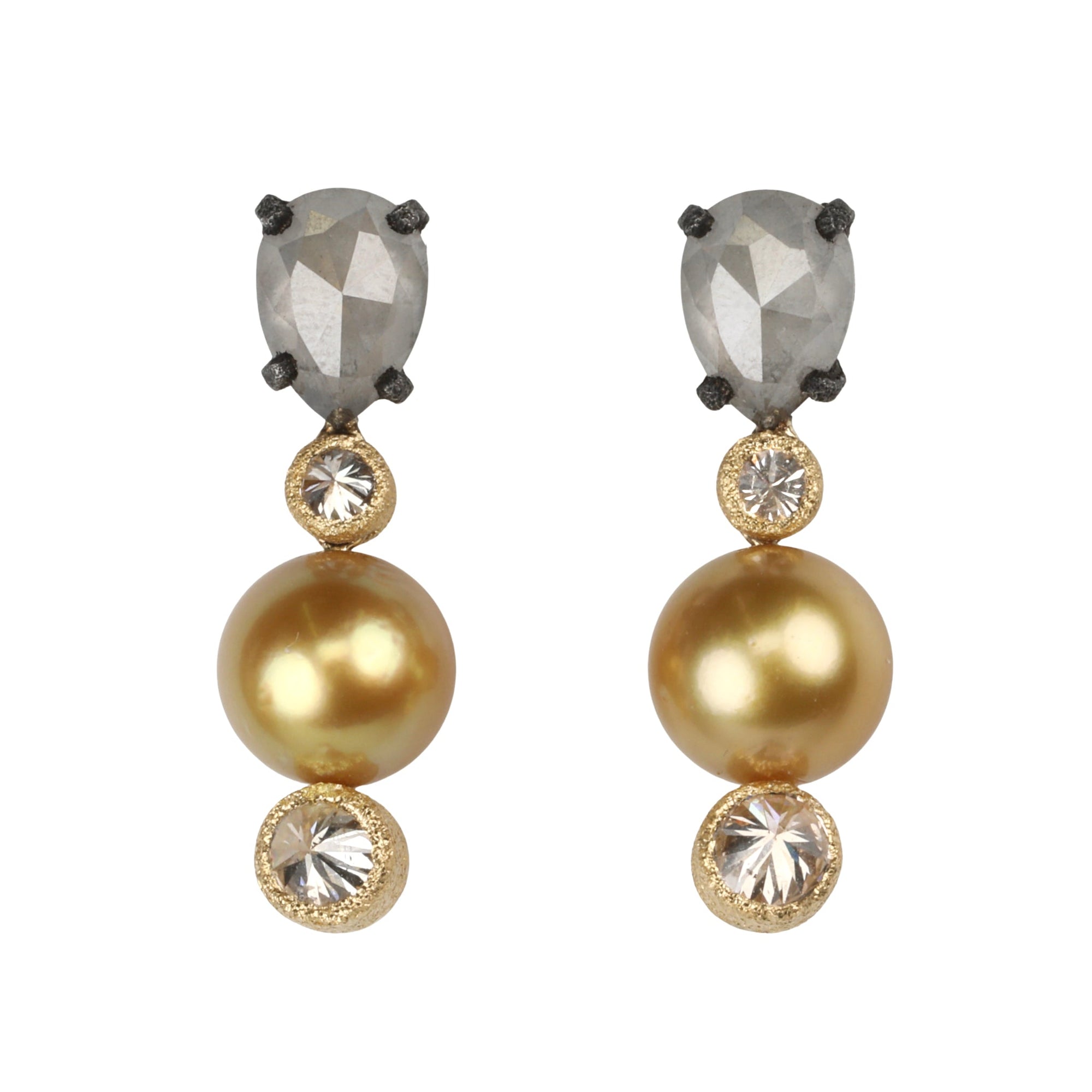Mixed Gold Multi Drop Earrings with Pear Shaped Grey Diamonds &amp; Golden South Sea Pearls Separated by Champagne Diamonds - Peridot Fine Jewelry - TAP by Todd Pownell