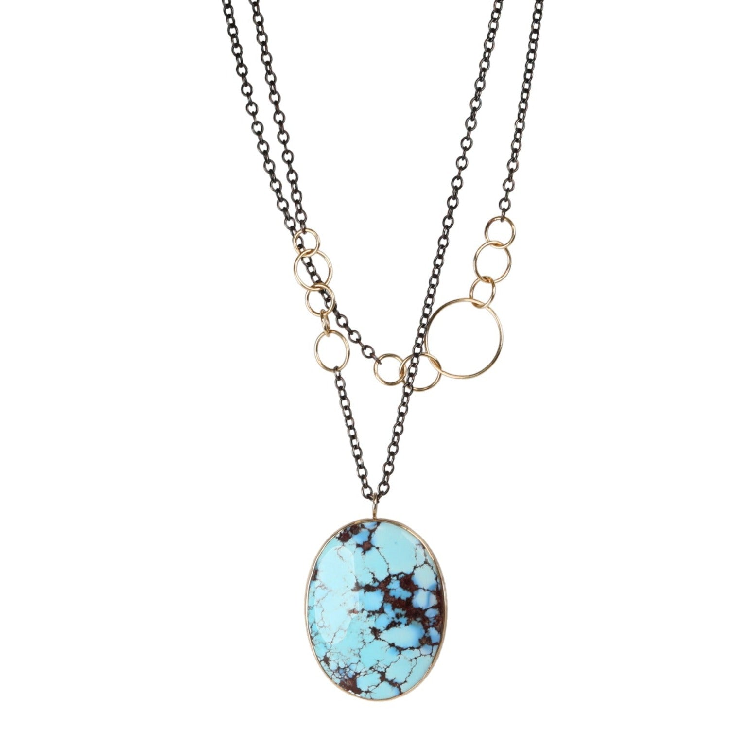 Mixed Metal Oval KazakhstaniTurquiose Pendant Necklace - Peridot Fine Jewelry - Jamie Joseph