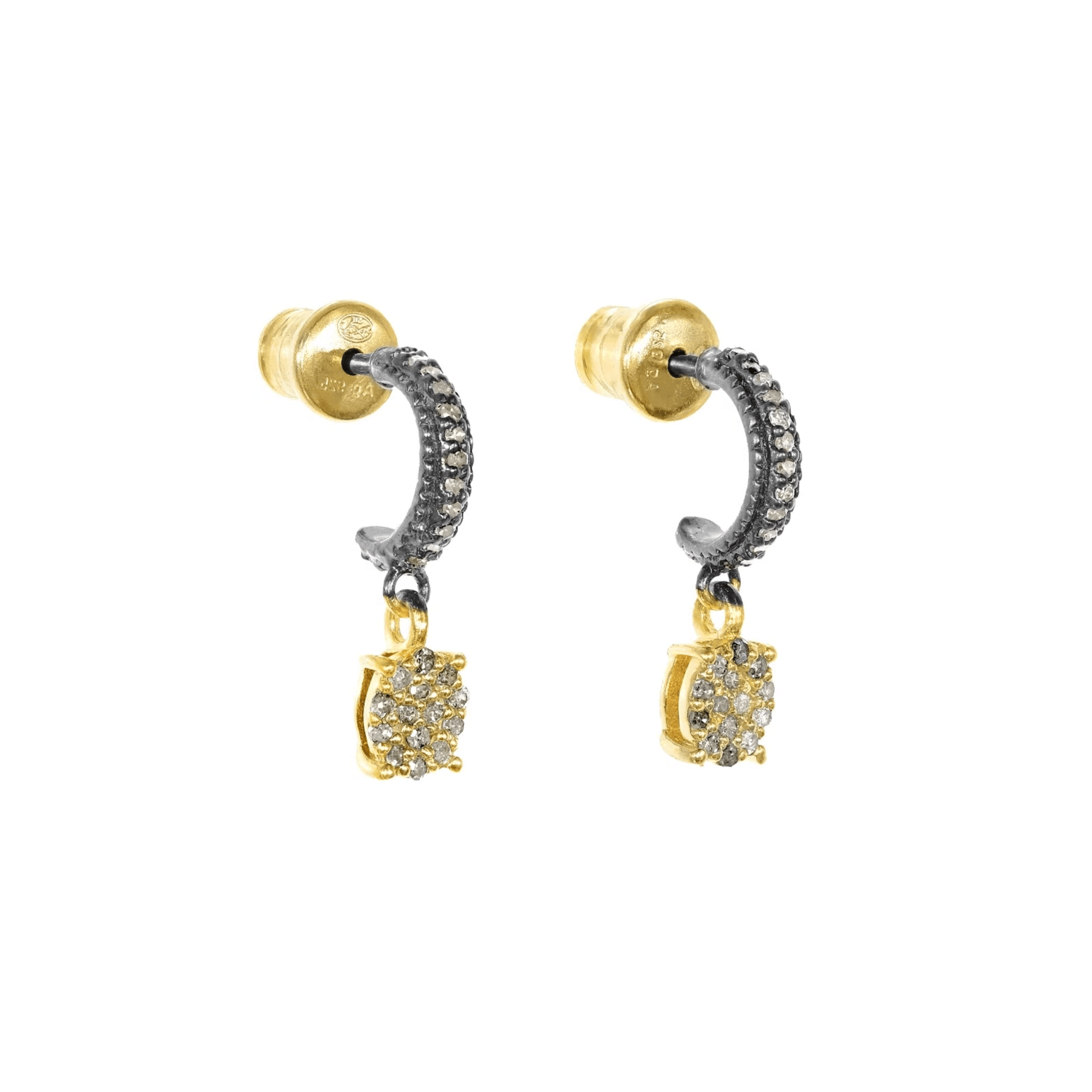 Mixed Metal Vermeil &amp; Ruthenium Pave Diamond Half Hoop Earrings with Polki Diamond Dangles - Peridot Fine Jewelry - Marie Laure Chamorel