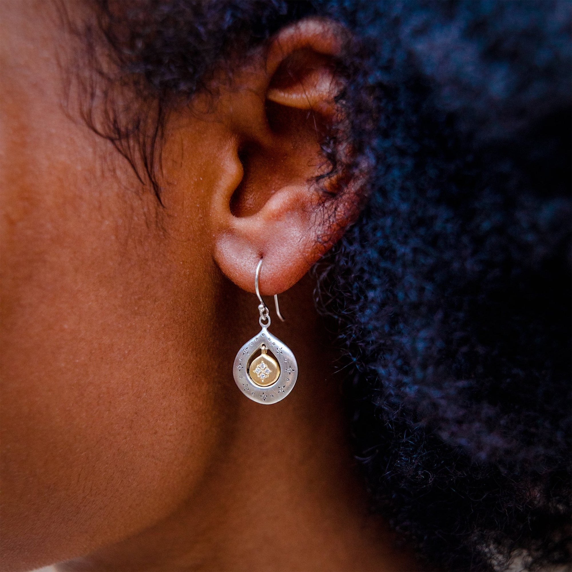 Mixed Silver &amp; Gold &quot;Shooting Star&quot; Diamond Earrings - Peridot Fine Jewelry - Adel Chefridi