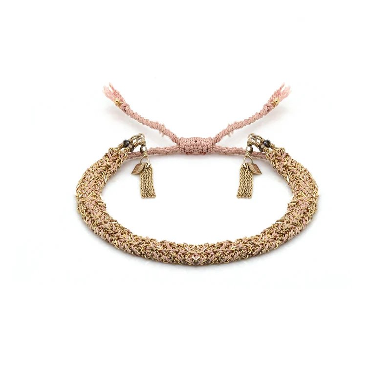 Nude Silk and Yellow Gold Vermeil Chain Woven Bracelet - Peridot Fine Jewelry - Marie Laure Chamorel