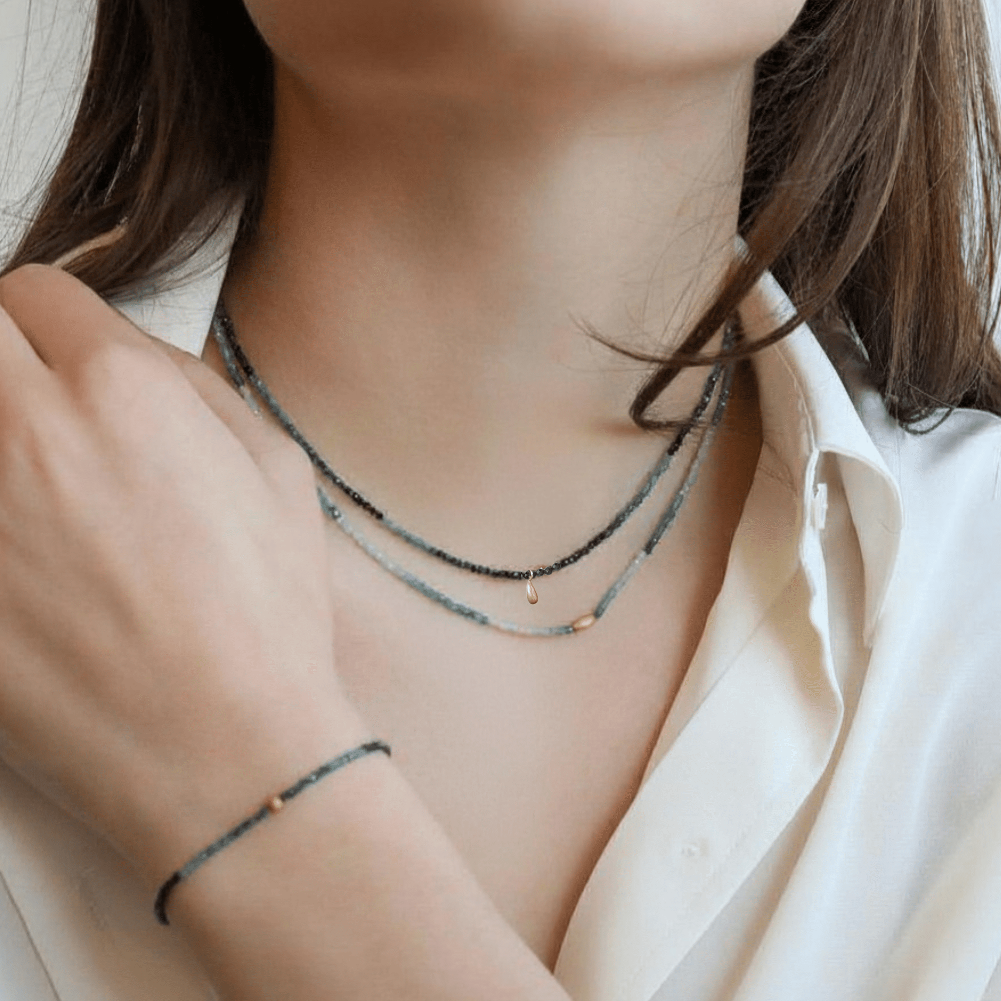 Ombre Blue Tourmaline Beaded Necklace with 18K Gold Charm - Peridot Fine Jewelry - Margaret Solow Jewelry