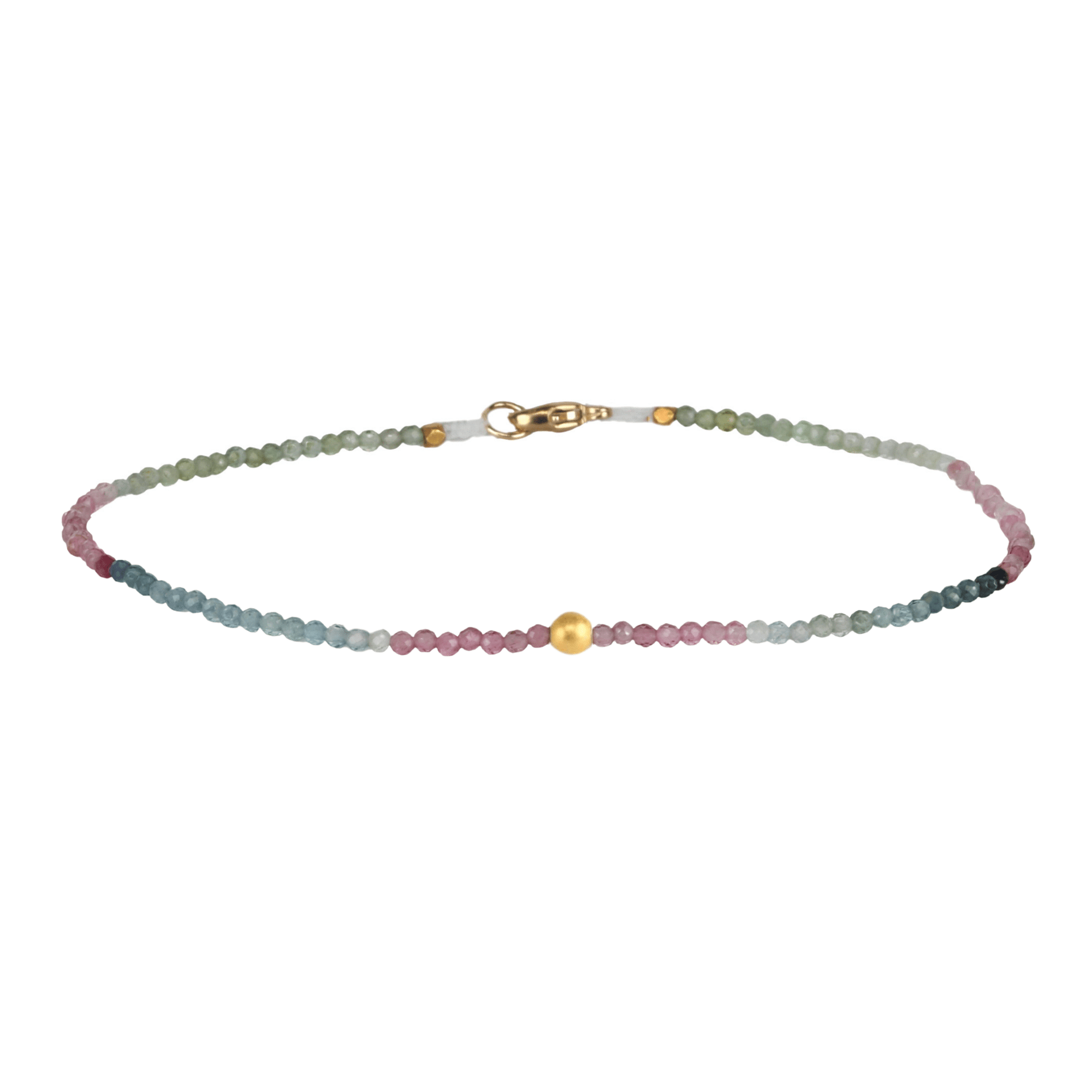 Ombre Pink &amp; Green Tourmaline Faceted Beaded Bracelet with Brushed 18K Carved Sphere Bead - Peridot Fine Jewelry - Margaret Solow Jewelry