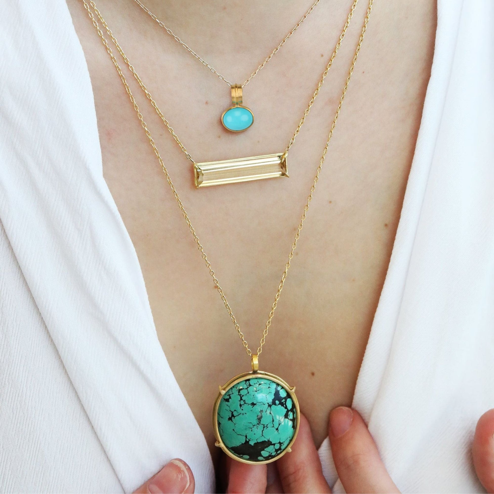 Oval Cabochon Turquoise Pendant Set in 22K - Peridot Fine Jewelry - Rosanne Pugliese