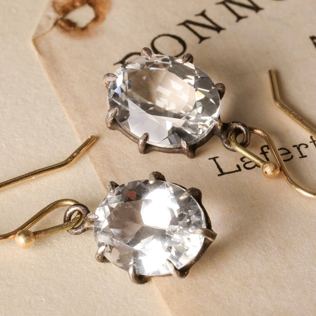 Oxidized Sterling Silver &amp; 14K Oval Faceted White Topaz Earrings - Peridot Fine Jewelry - Rosanne Pugliese