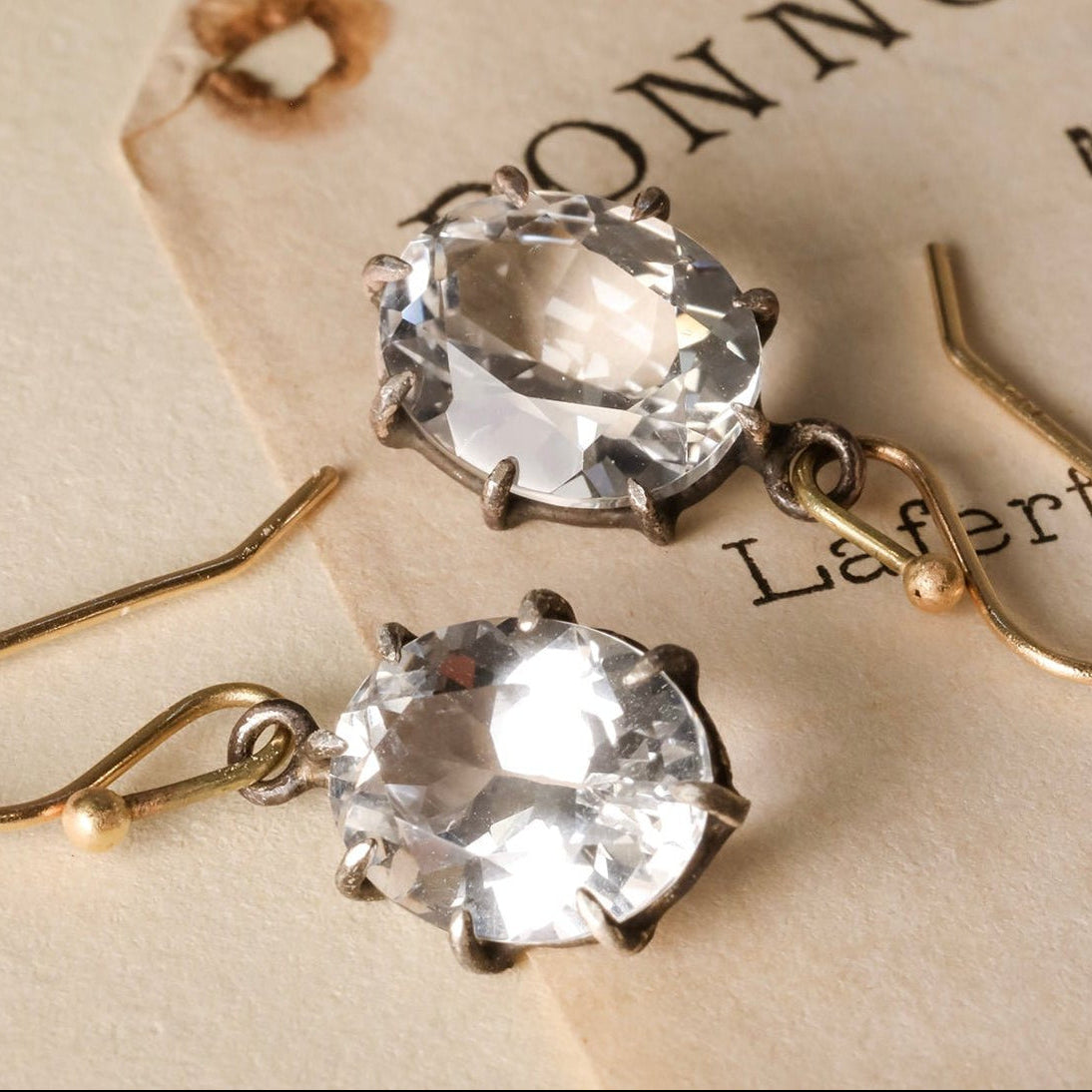 Oxidized Sterling Silver &amp; 14K Oval Faceted White Topaz Earrings - Peridot Fine Jewelry - Rosanne Pugliese