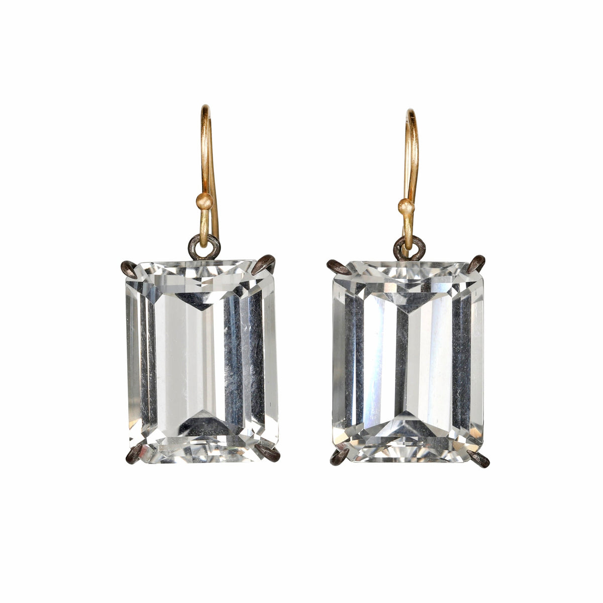Oxidized Sterling Silver Prong-Set Emerald Cut White Topaz Earrings on 14K French Ear Wires - Peridot Fine Jewelry - Rosanne Pugliese