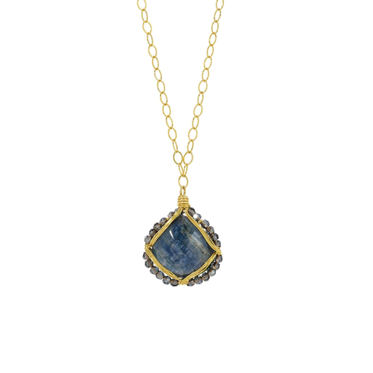 Pear Shaped Kyanite Pendant Necklace with Grey - Blue Crystal Beaded Halo on Gold Fill Fine Oval Link Chain - Peridot Fine Jewelry - Dana Kellin