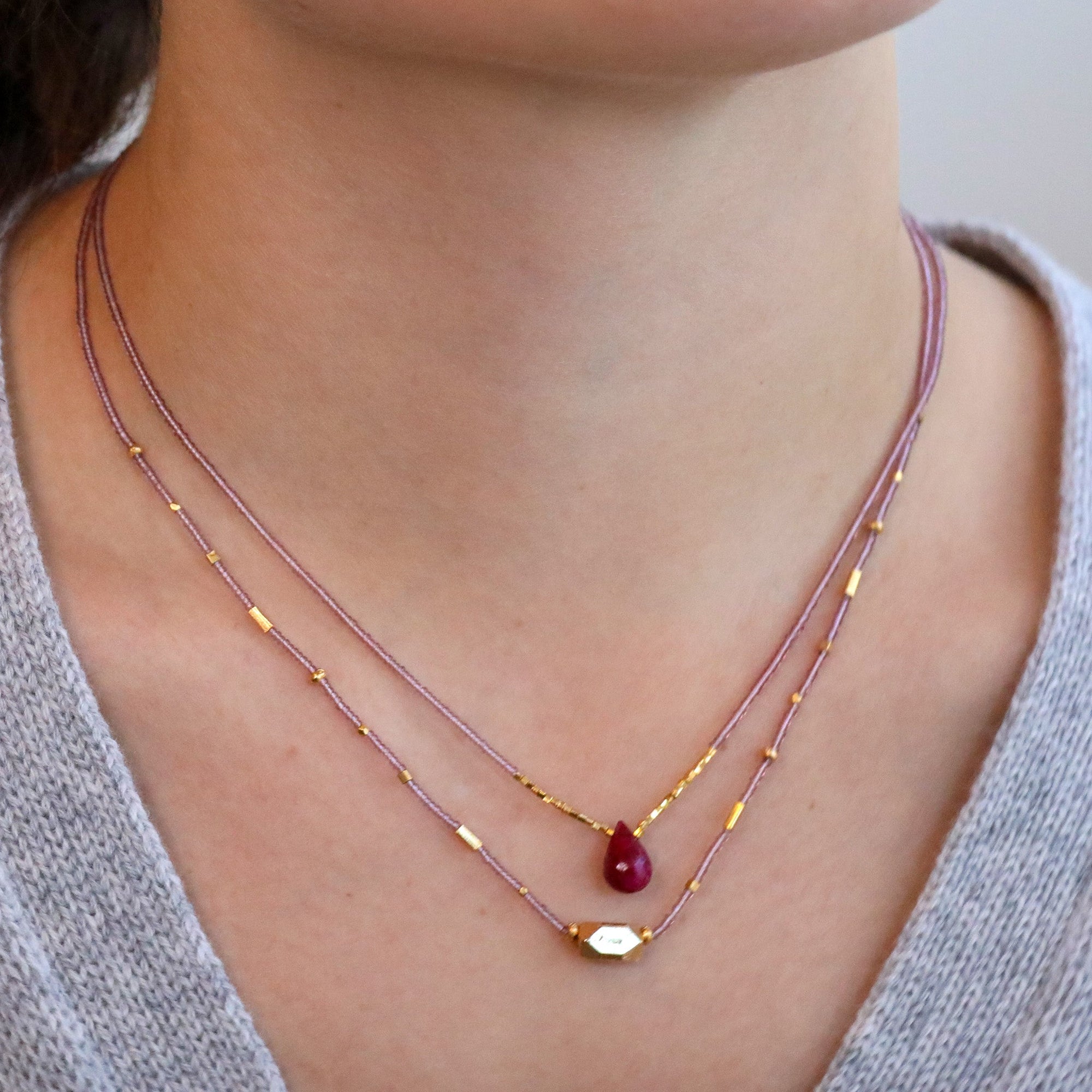 Pink Seed Beaded Necklace with Center Ruby Briolette Bead &amp; Gold Vermeil Bead Accents - Peridot Fine Jewelry - Debbie Fisher
