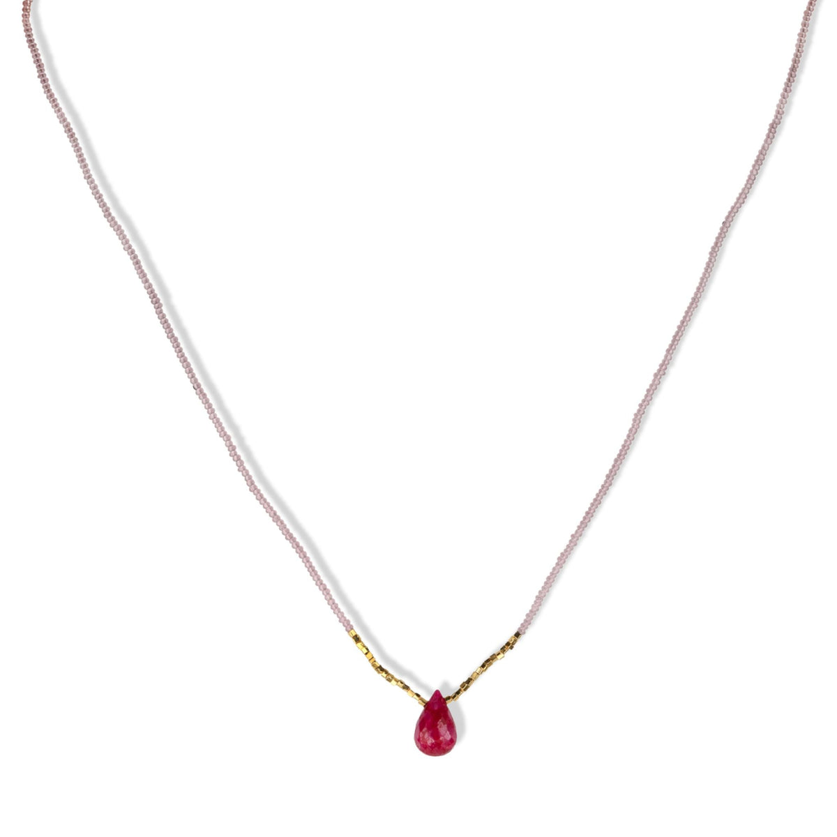 Debbie Fisher Pink Seed Beaded Necklace with Center Ruby Briolette Bead ...