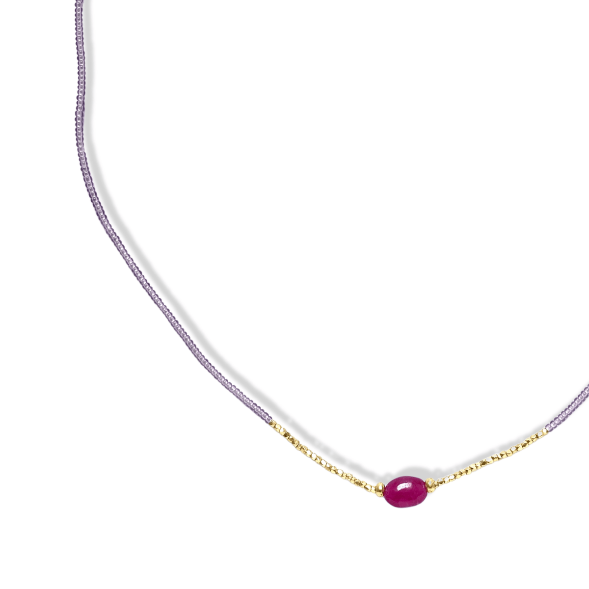Pink Seed & Gold Vermeil Bead Necklace with Center Smooth Oval Ruby Be ...