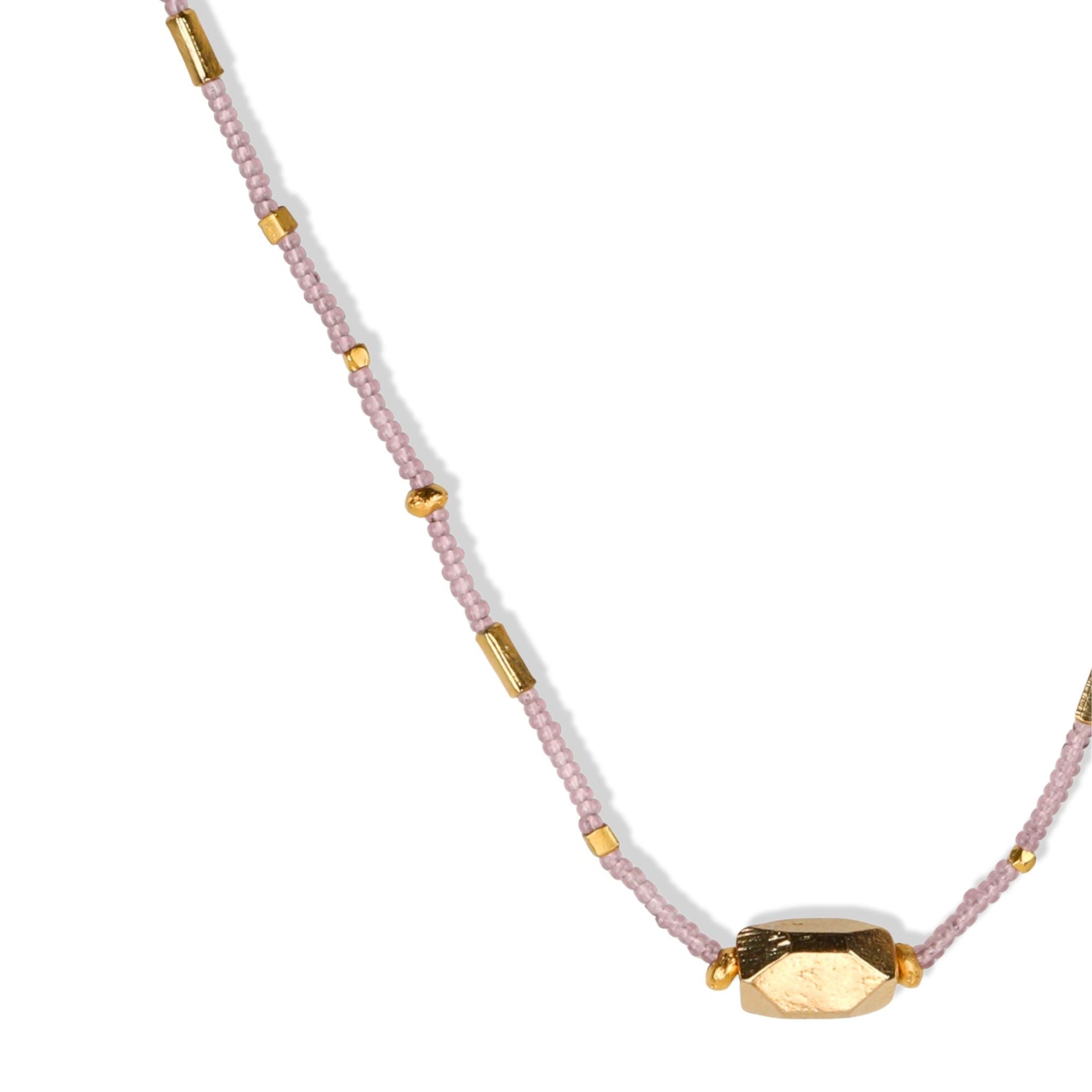 Pink Seed &amp; Multi - Shape Gold Vermeil Beaded Necklace with Large Center Geometric Gold Vermeil Bead - Peridot Fine Jewelry - Debbie Fisher